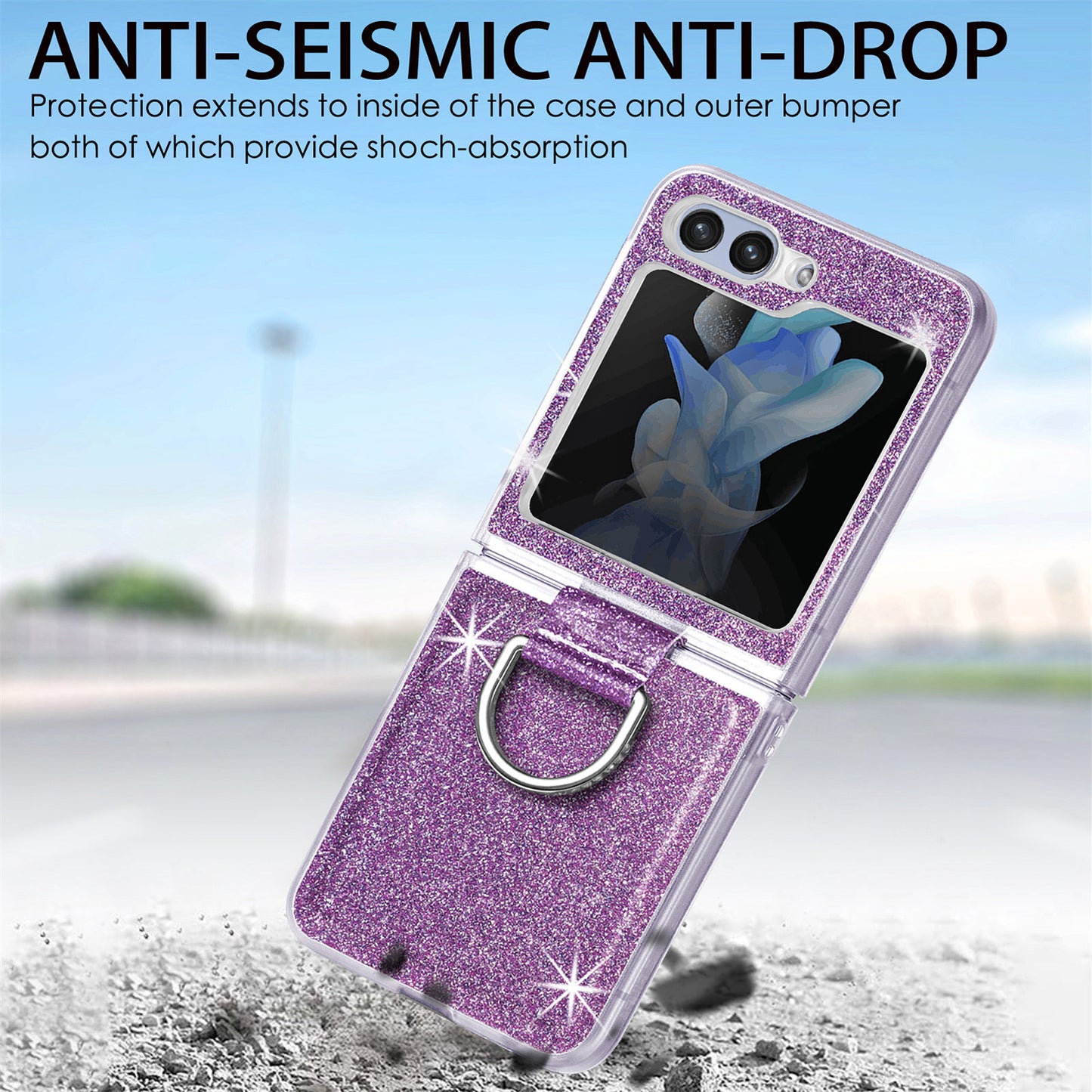 Uniqkart for Samsung Galaxy Z Flip5 5G Glitter Phone Case PU Leather Coated PC Cover with Rhinestone Decor Finger Ring - Purple