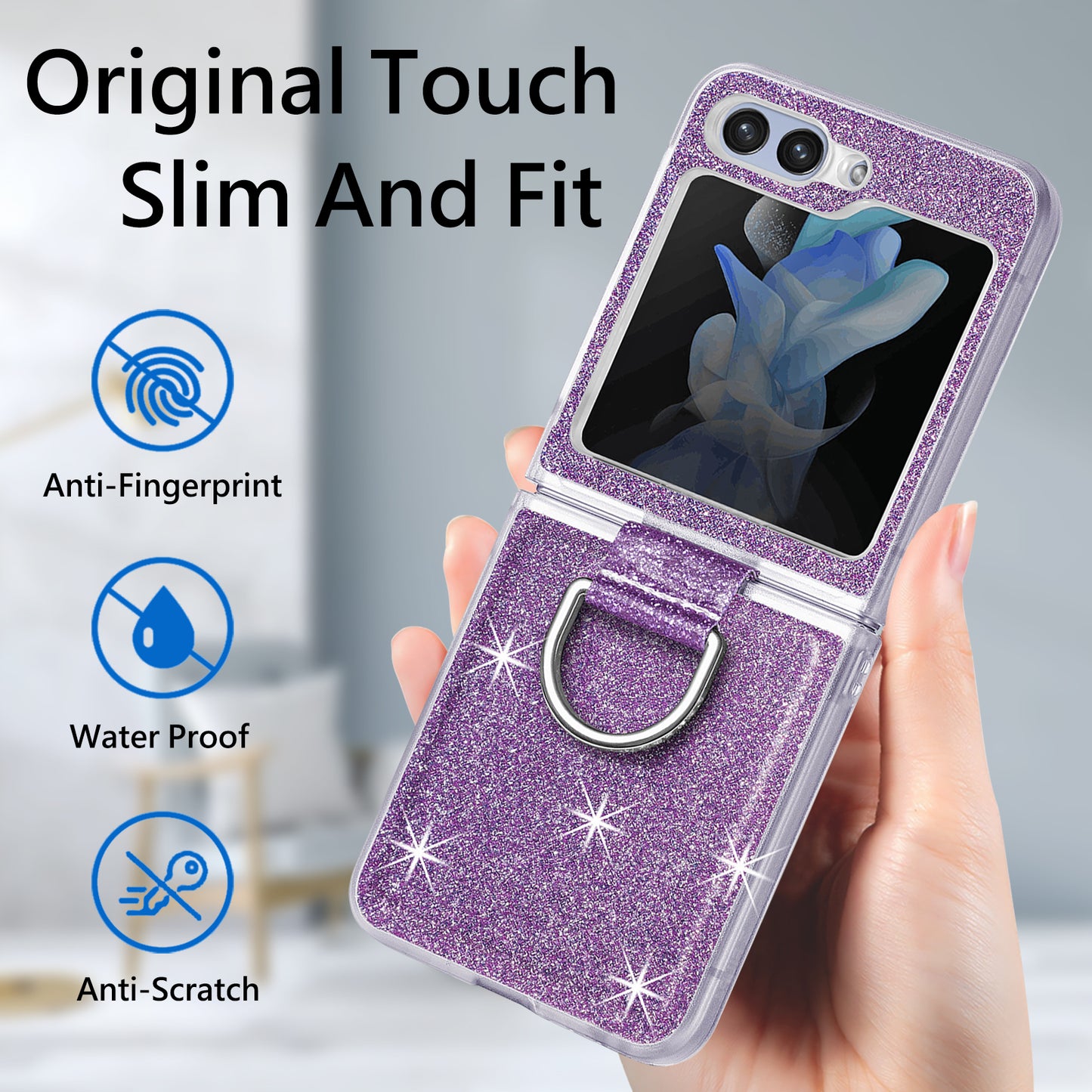 Uniqkart for Samsung Galaxy Z Flip5 5G Glitter Phone Case PU Leather Coated PC Cover with Rhinestone Decor Finger Ring - Purple