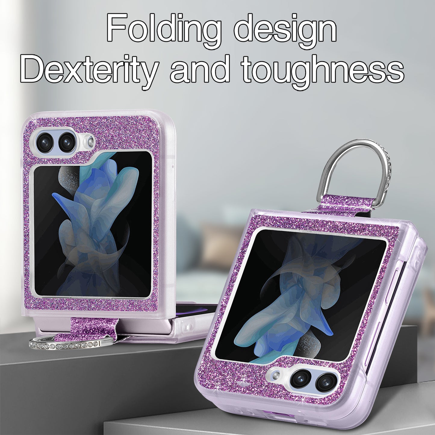 Uniqkart for Samsung Galaxy Z Flip5 5G Glitter Phone Case PU Leather Coated PC Cover with Rhinestone Decor Finger Ring - Purple
