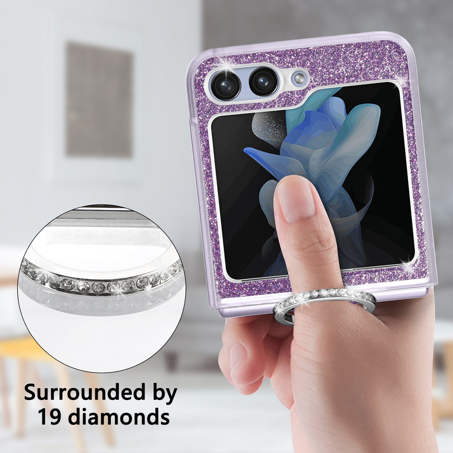 Uniqkart for Samsung Galaxy Z Flip5 5G Glitter Phone Case PU Leather Coated PC Cover with Rhinestone Decor Finger Ring - Purple