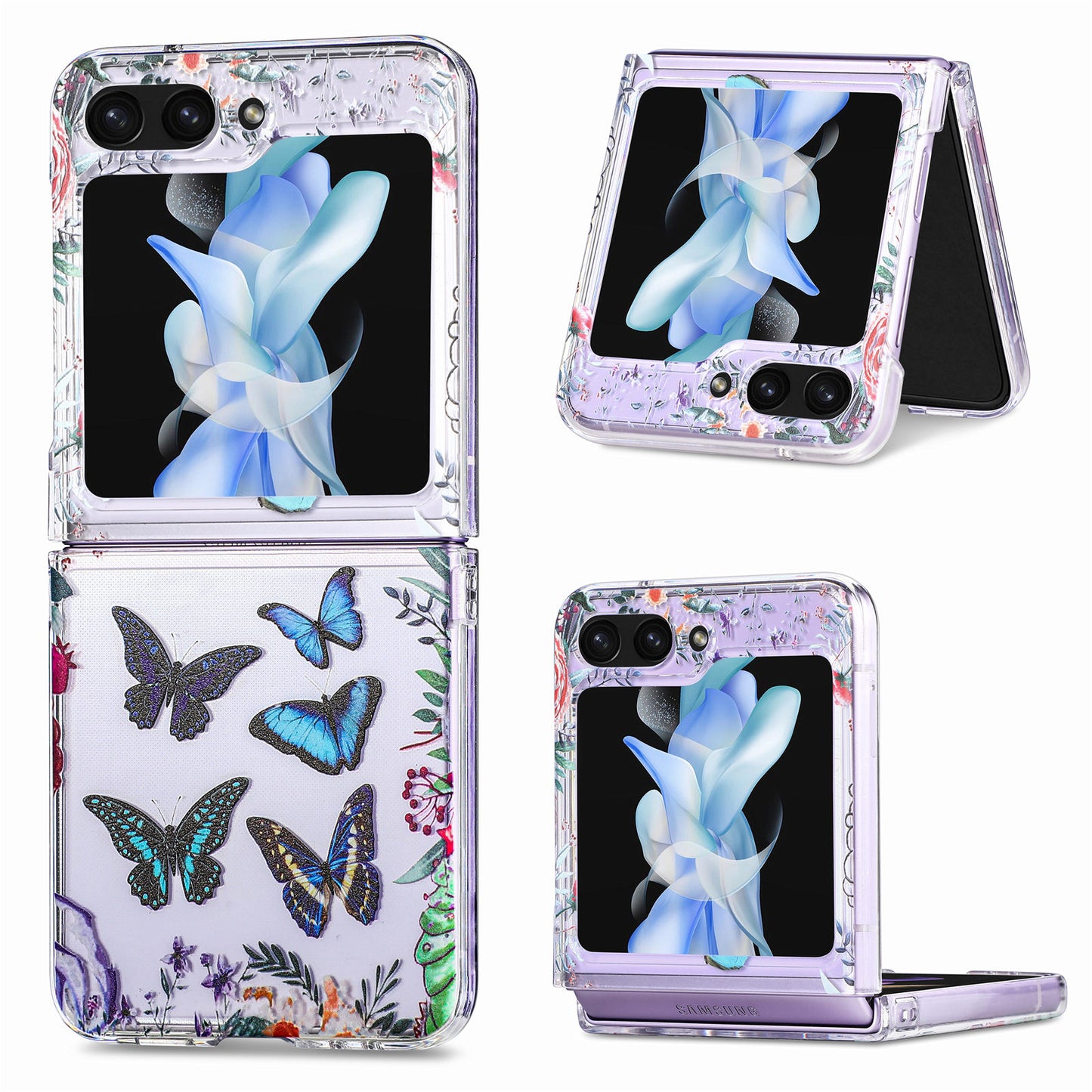 Uniqkart for Samsung Galaxy Z Flip5 5G Hard PC Phone Case Butterfly Pattern Printing Shockproof Phone Cover - Blue