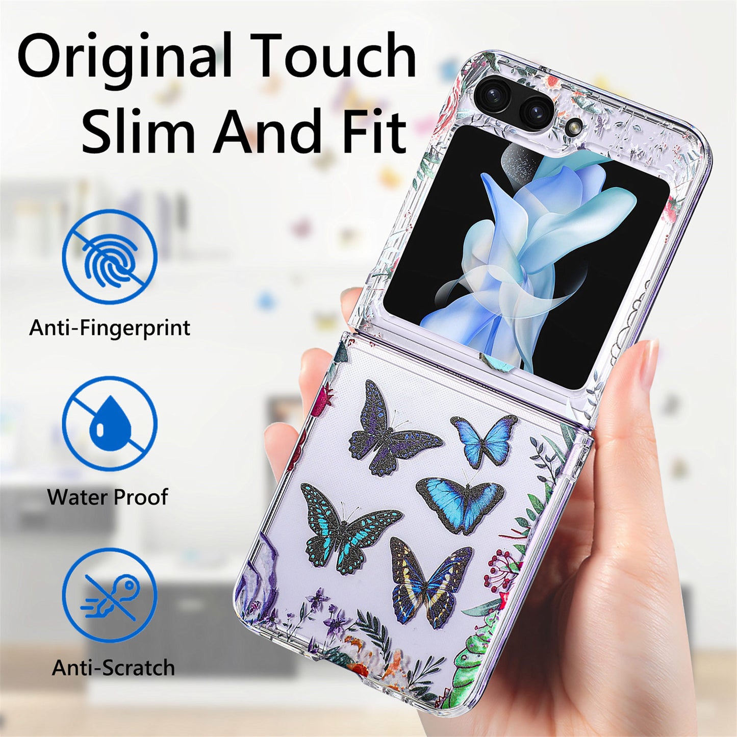 Uniqkart for Samsung Galaxy Z Flip5 5G Hard PC Phone Case Butterfly Pattern Printing Shockproof Phone Cover - Blue