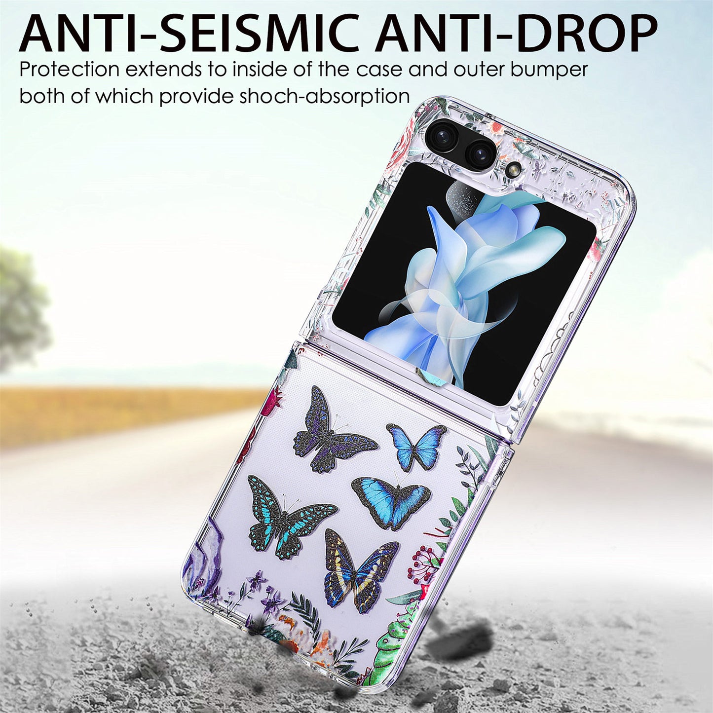 Uniqkart for Samsung Galaxy Z Flip5 5G Hard PC Phone Case Butterfly Pattern Printing Shockproof Phone Cover - Blue