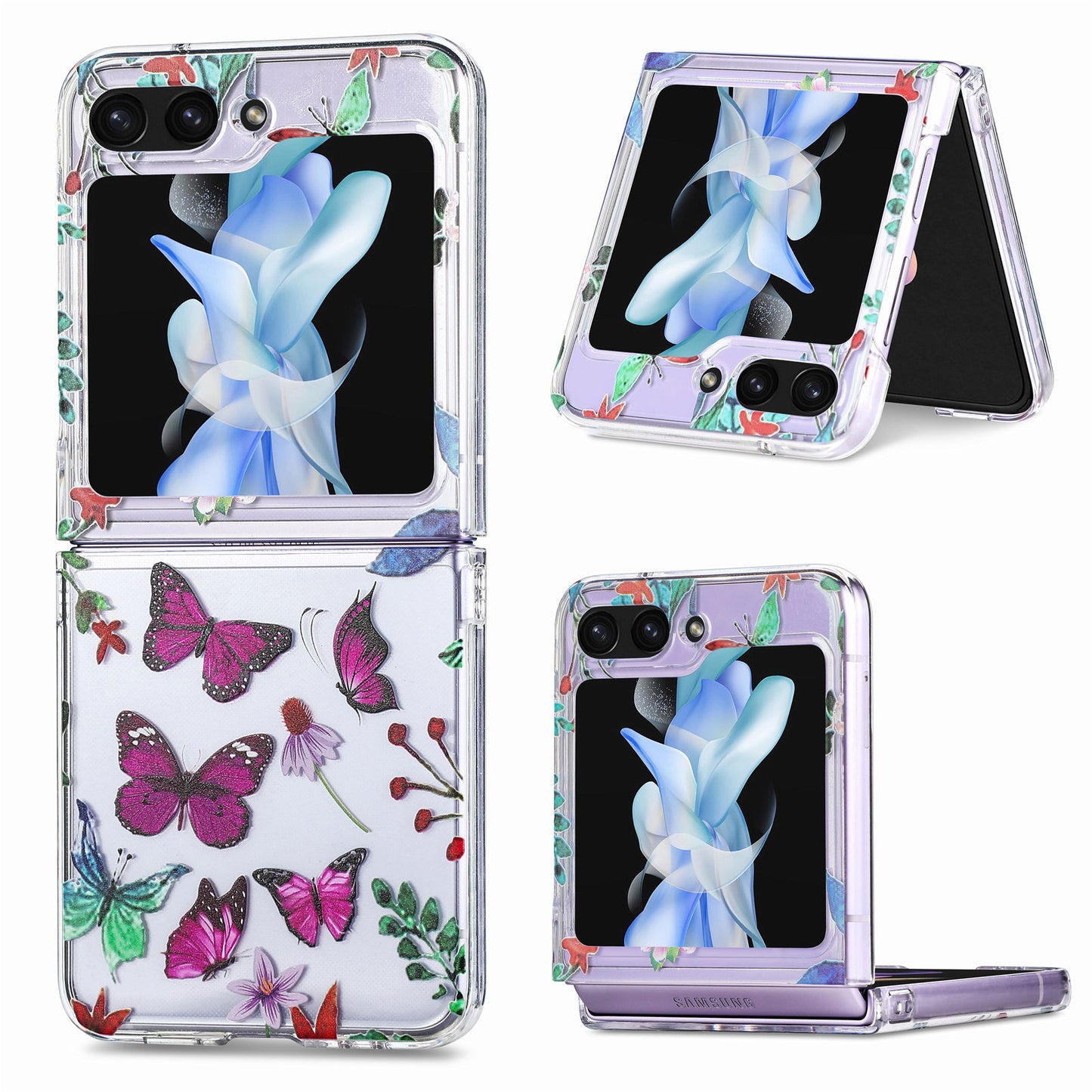 Uniqkart for Samsung Galaxy Z Flip5 5G Hard PC Phone Case Butterfly Pattern Printing Shockproof Phone Cover - Purple