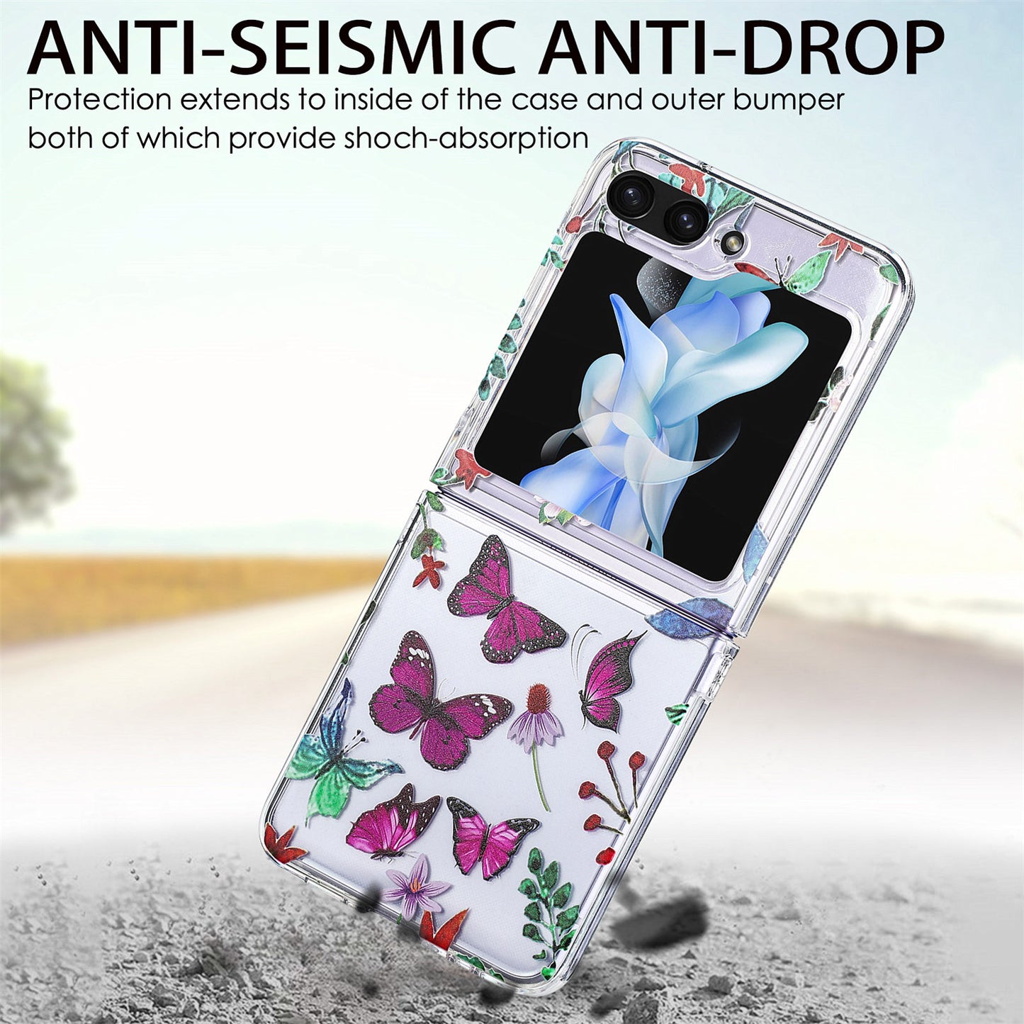 Uniqkart for Samsung Galaxy Z Flip5 5G Hard PC Phone Case Butterfly Pattern Printing Shockproof Phone Cover - Purple