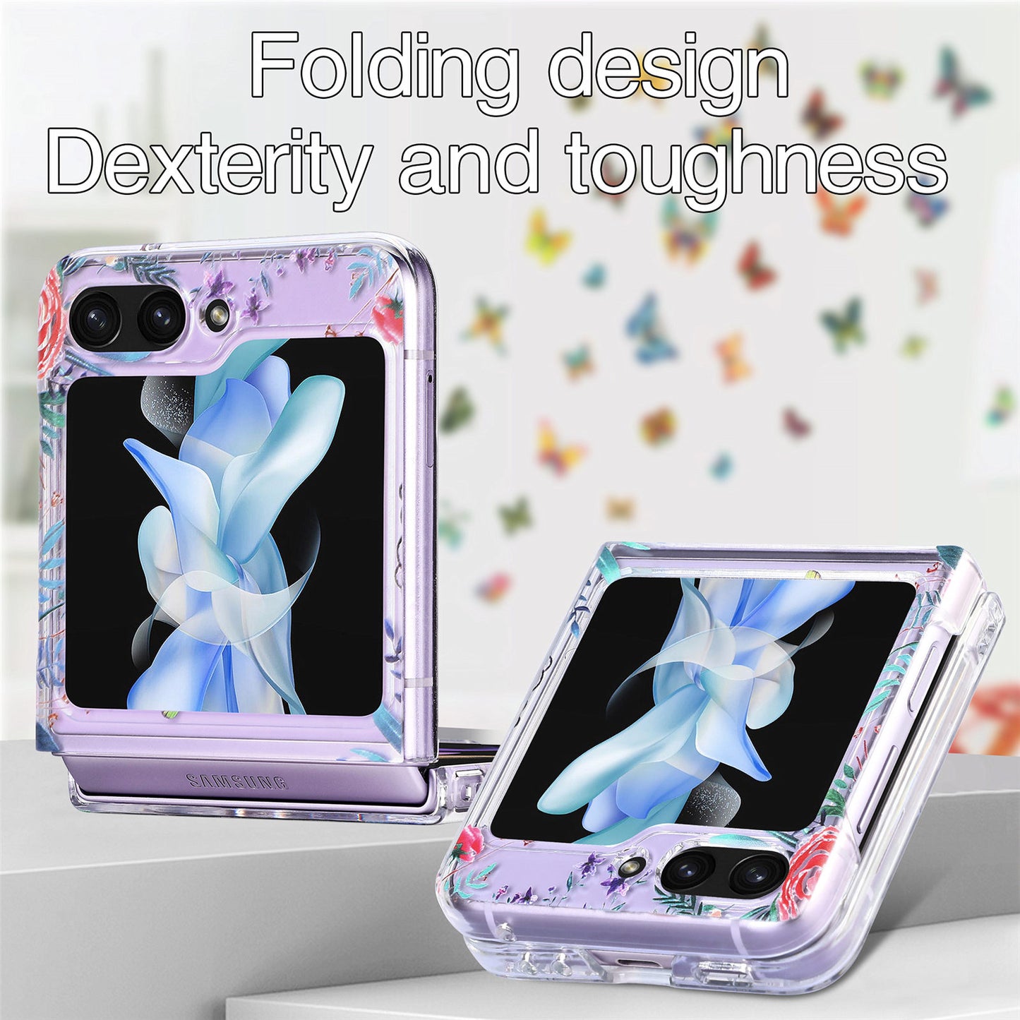 Uniqkart for Samsung Galaxy Z Flip5 5G Hard PC Phone Case Butterfly Pattern Printing Shockproof Phone Cover - Yellow