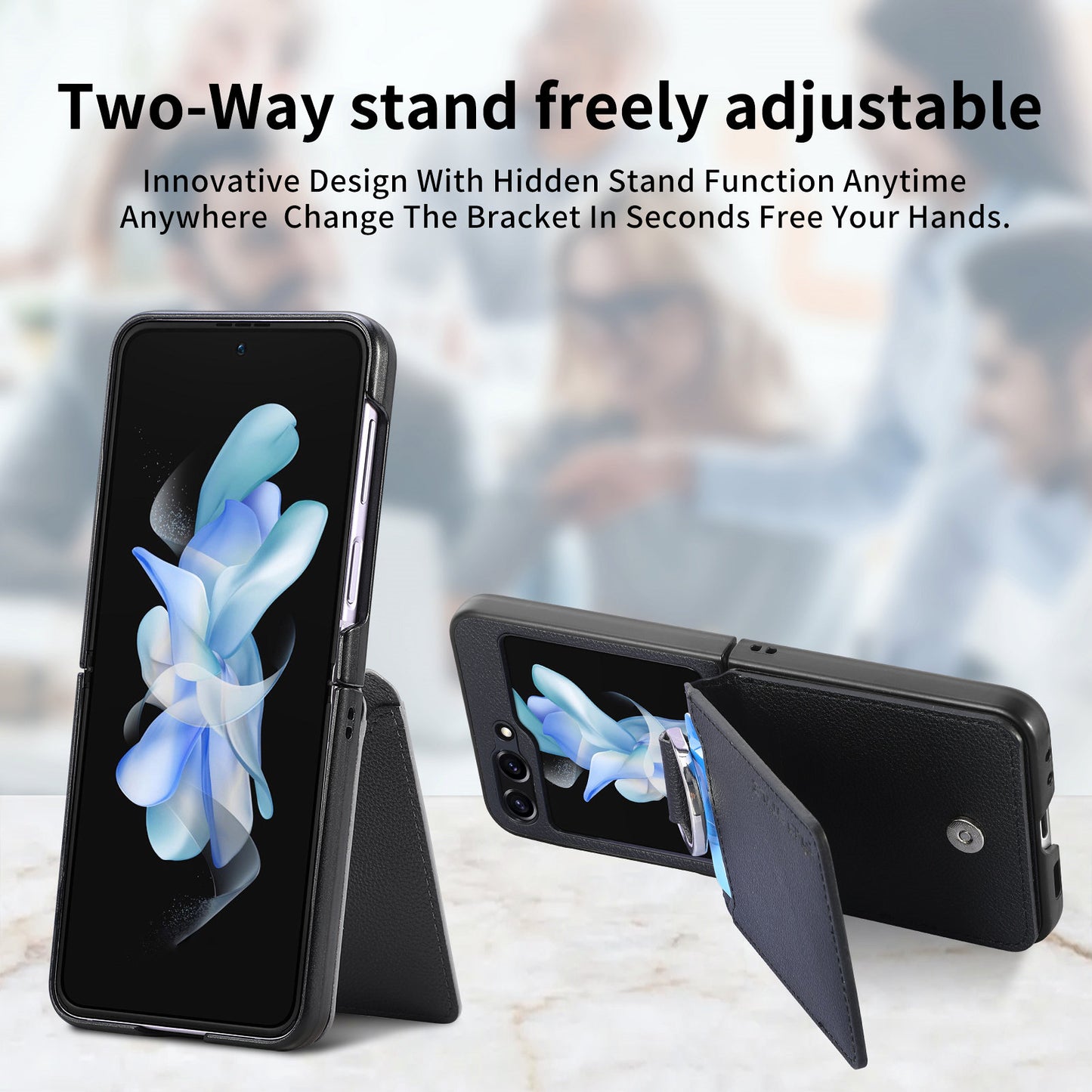 Uniqkart for Samsung Galaxy Z Flip5 5G Litchi Texture PU Leather+PC Phone Case Card Slot Kickstand Cover with Finger Ring - Black