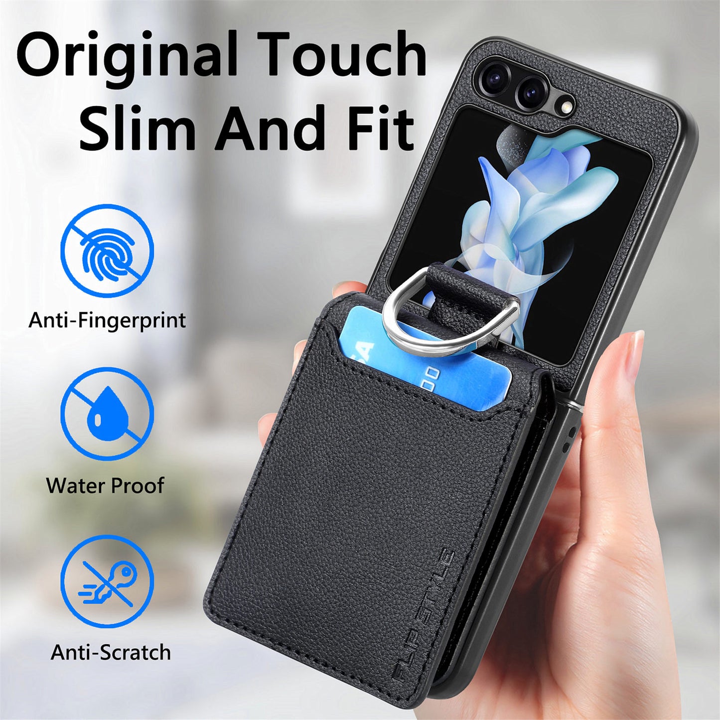 Uniqkart for Samsung Galaxy Z Flip5 5G Litchi Texture PU Leather+PC Phone Case Card Slot Kickstand Cover with Finger Ring - Black