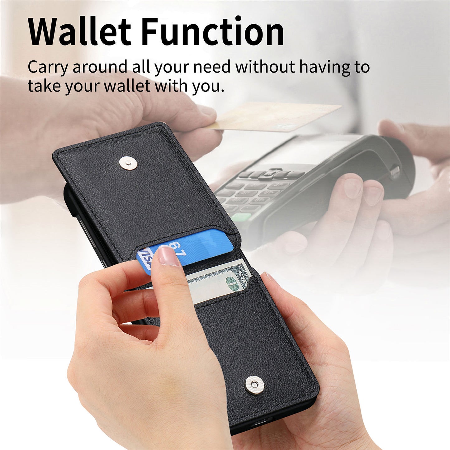 Uniqkart for Samsung Galaxy Z Flip5 5G Litchi Texture PU Leather+PC Phone Case Card Slot Kickstand Cover with Finger Ring - Black