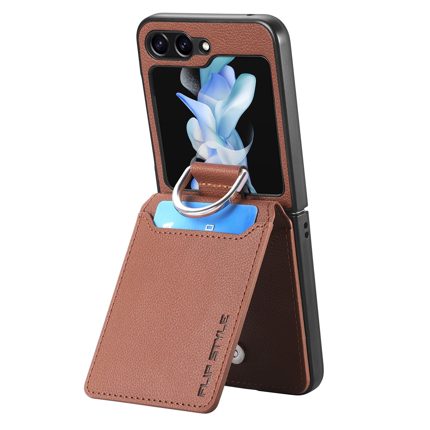 Uniqkart for Samsung Galaxy Z Flip5 5G Litchi Texture PU Leather+PC Phone Case Card Slot Kickstand Cover with Finger Ring - Brown