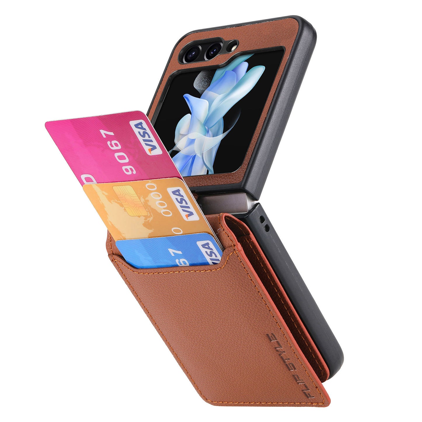 Uniqkart for Samsung Galaxy Z Flip5 5G Litchi Texture PU Leather+PC Phone Case Card Slot Kickstand Cover with Finger Ring - Brown