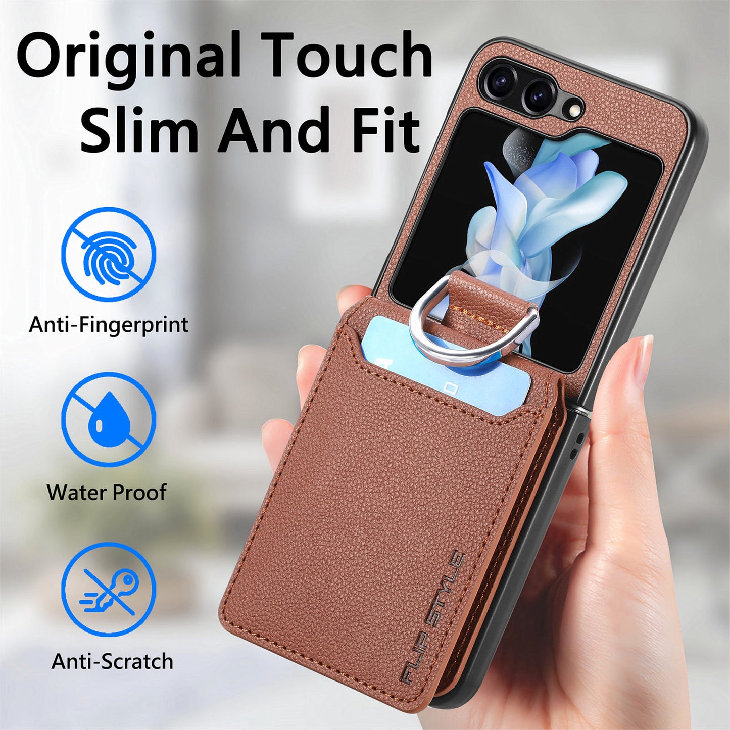 Uniqkart for Samsung Galaxy Z Flip5 5G Litchi Texture PU Leather+PC Phone Case Card Slot Kickstand Cover with Finger Ring - Brown