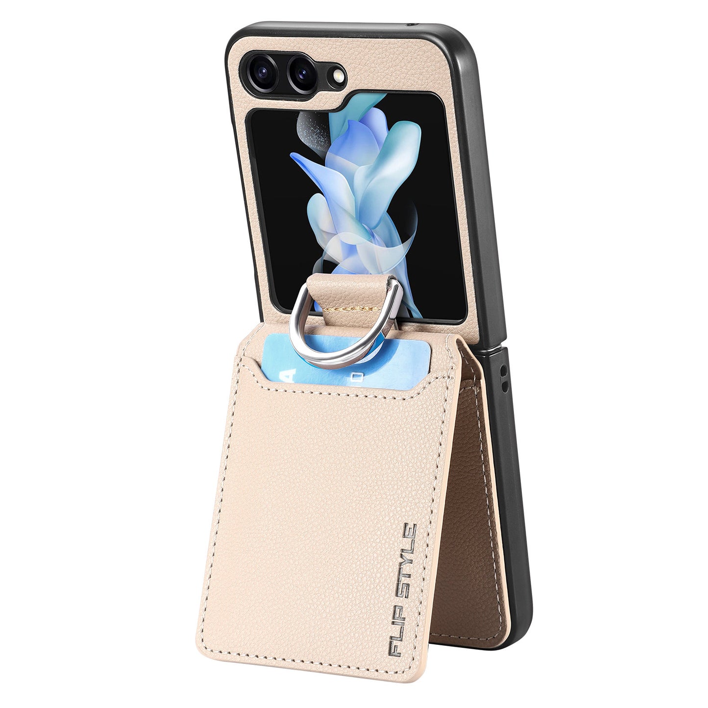 Uniqkart for Samsung Galaxy Z Flip5 5G Litchi Texture PU Leather+PC Phone Case Card Slot Kickstand Cover with Finger Ring - Khaki
