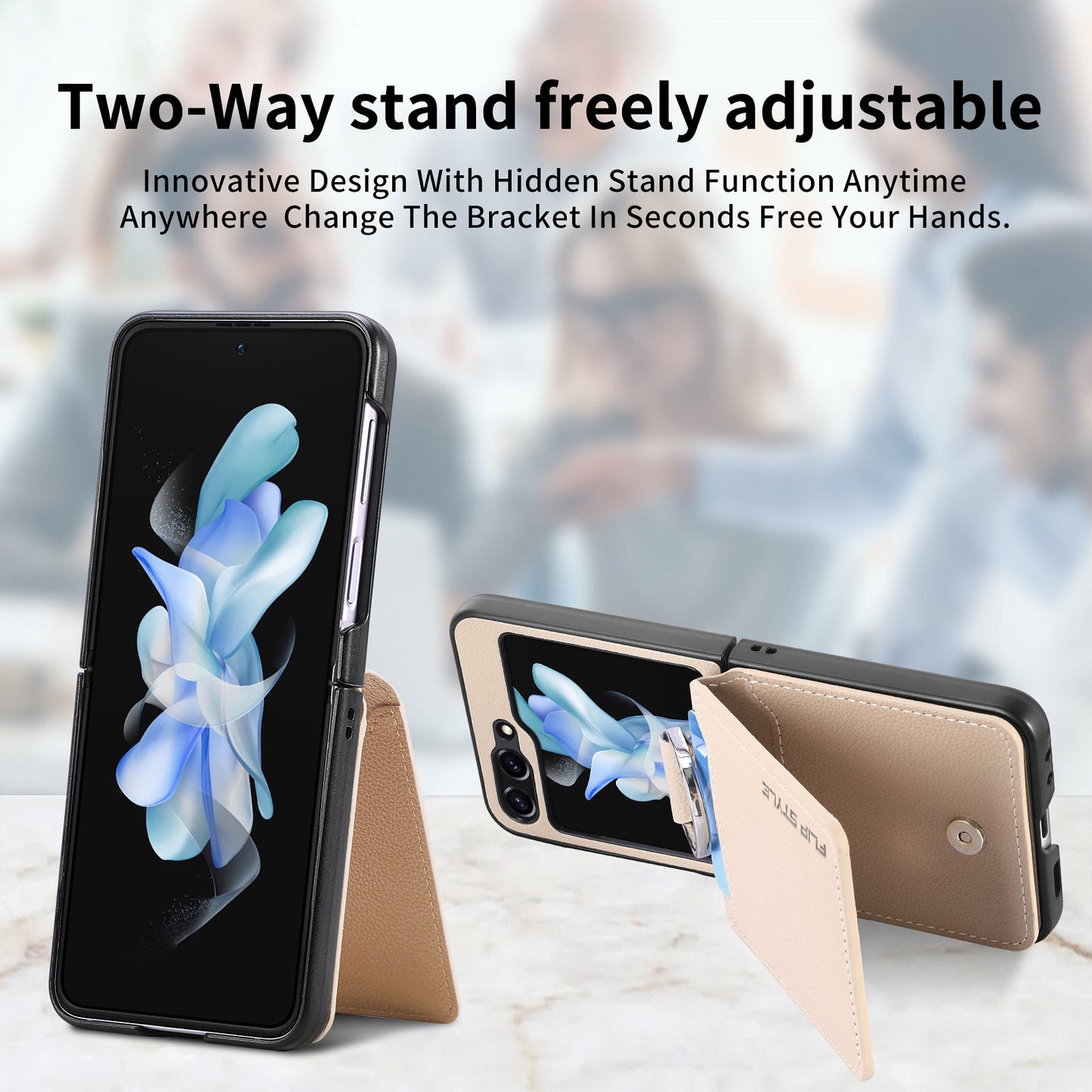 Uniqkart for Samsung Galaxy Z Flip5 5G Litchi Texture PU Leather+PC Phone Case Card Slot Kickstand Cover with Finger Ring - Khaki