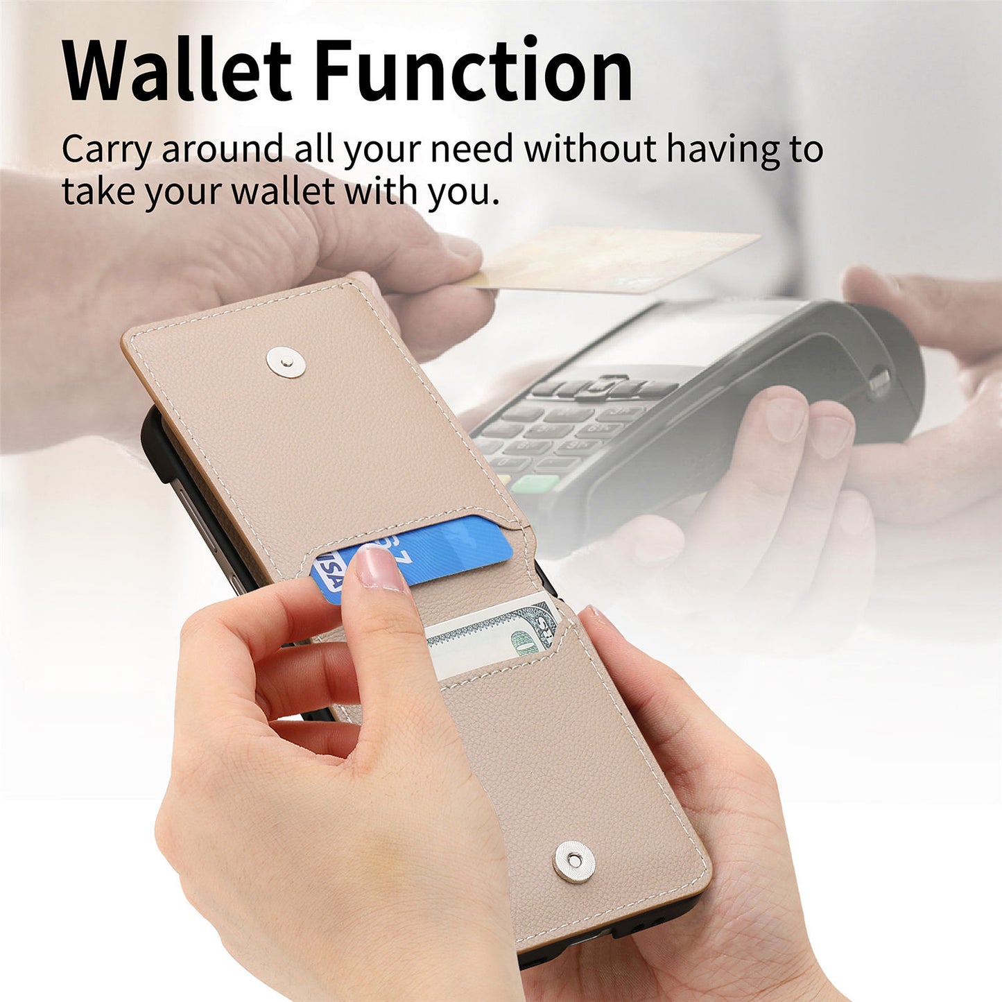Uniqkart for Samsung Galaxy Z Flip5 5G Litchi Texture PU Leather+PC Phone Case Card Slot Kickstand Cover with Finger Ring - Khaki