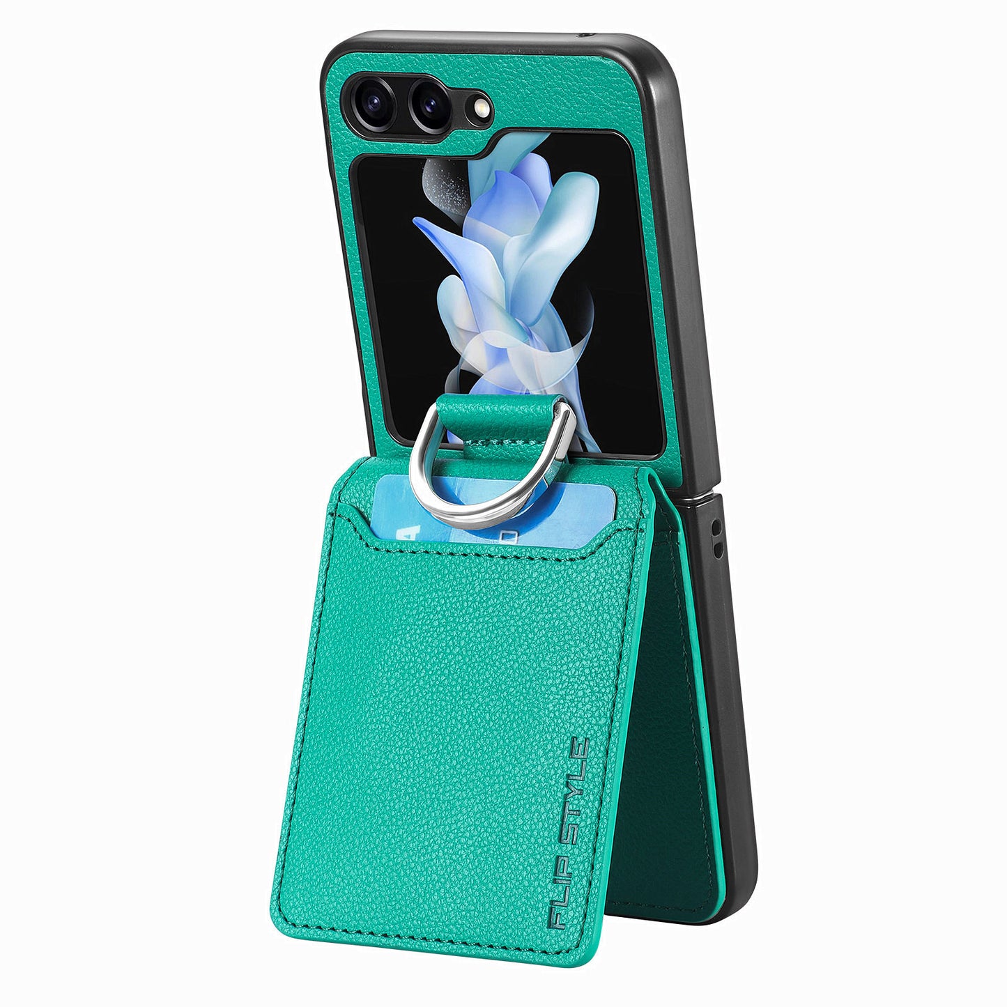 Uniqkart for Samsung Galaxy Z Flip5 5G Litchi Texture PU Leather+PC Phone Case Card Slot Kickstand Cover with Finger Ring - Green