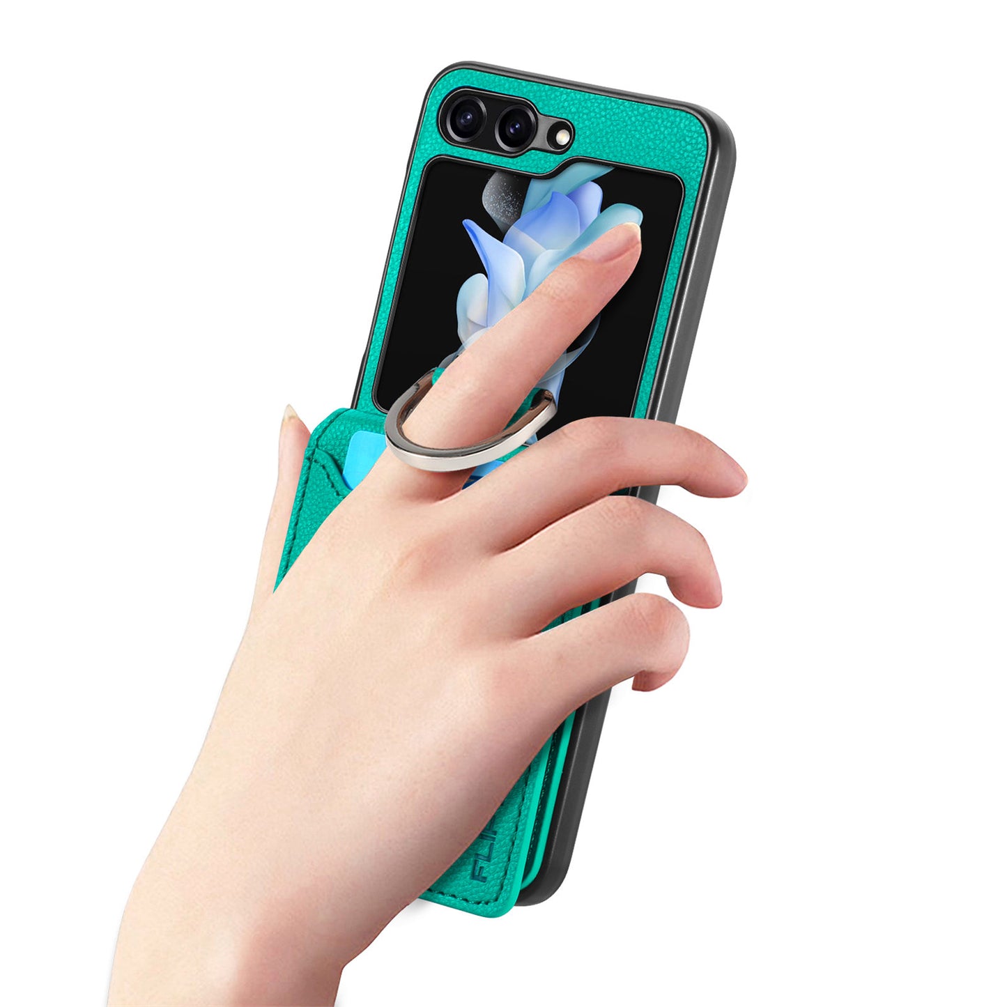 Uniqkart for Samsung Galaxy Z Flip5 5G Litchi Texture PU Leather+PC Phone Case Card Slot Kickstand Cover with Finger Ring - Green
