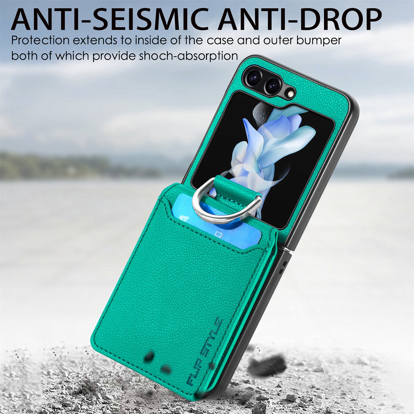 Uniqkart for Samsung Galaxy Z Flip5 5G Litchi Texture PU Leather+PC Phone Case Card Slot Kickstand Cover with Finger Ring - Green