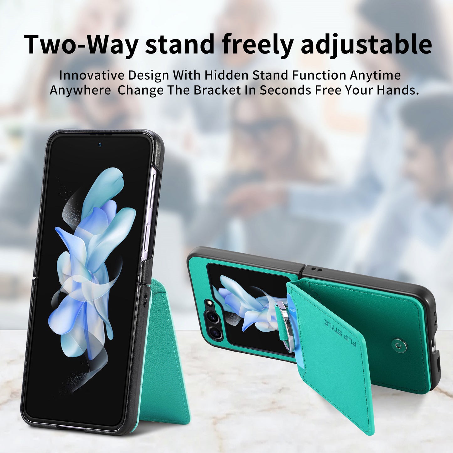Uniqkart for Samsung Galaxy Z Flip5 5G Litchi Texture PU Leather+PC Phone Case Card Slot Kickstand Cover with Finger Ring - Green