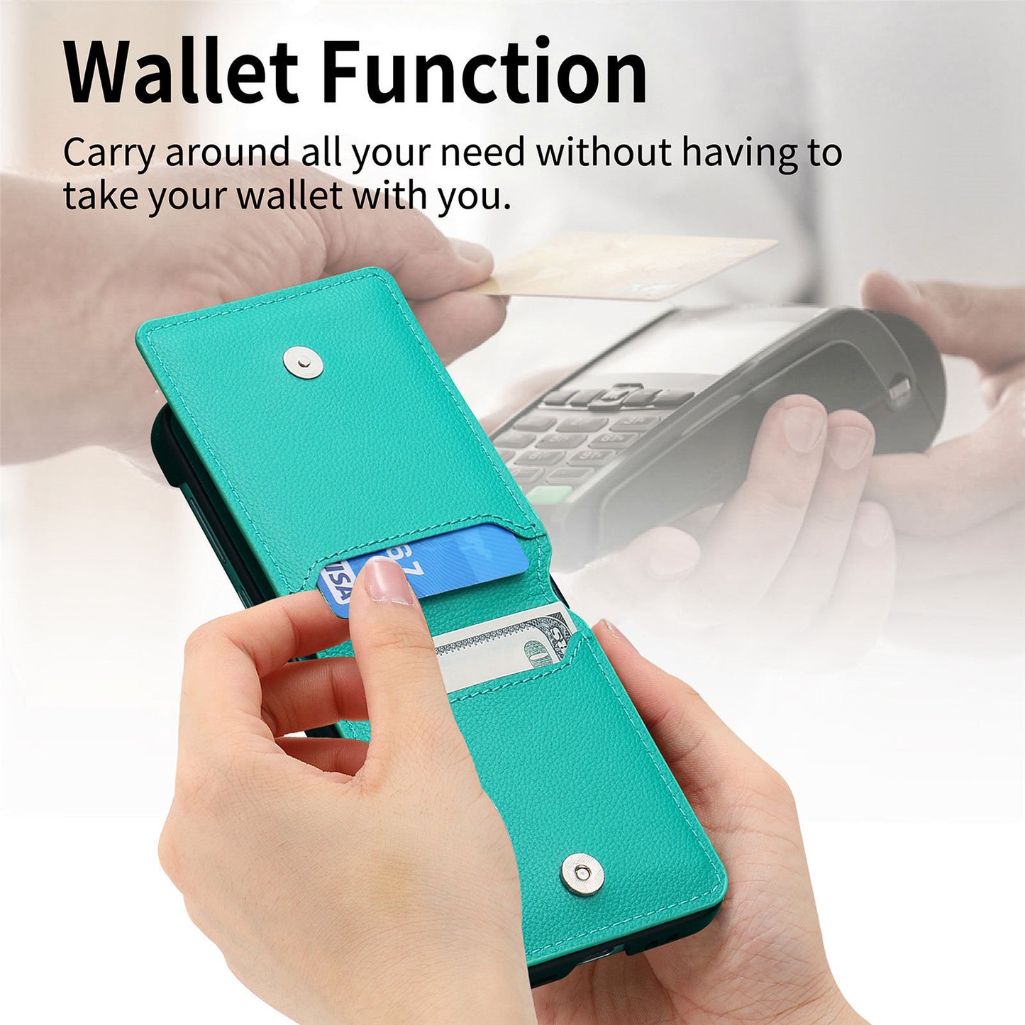 Uniqkart for Samsung Galaxy Z Flip5 5G Litchi Texture PU Leather+PC Phone Case Card Slot Kickstand Cover with Finger Ring - Green
