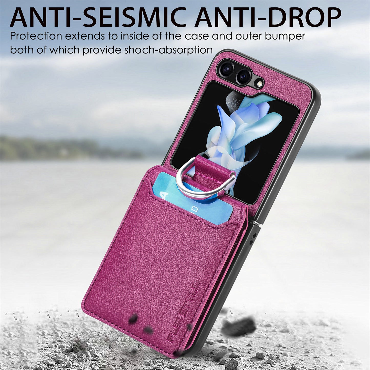 Uniqkart for Samsung Galaxy Z Flip5 5G Litchi Texture PU Leather+PC Phone Case Card Slot Kickstand Cover with Finger Ring - Purple