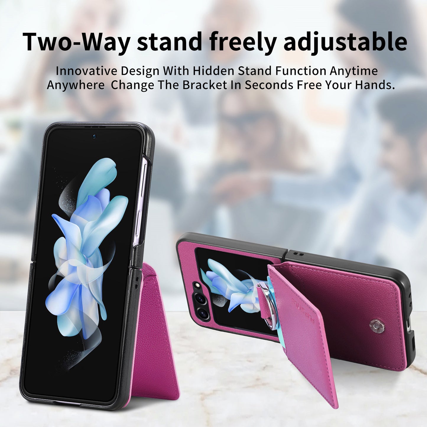 Uniqkart for Samsung Galaxy Z Flip5 5G Litchi Texture PU Leather+PC Phone Case Card Slot Kickstand Cover with Finger Ring - Purple