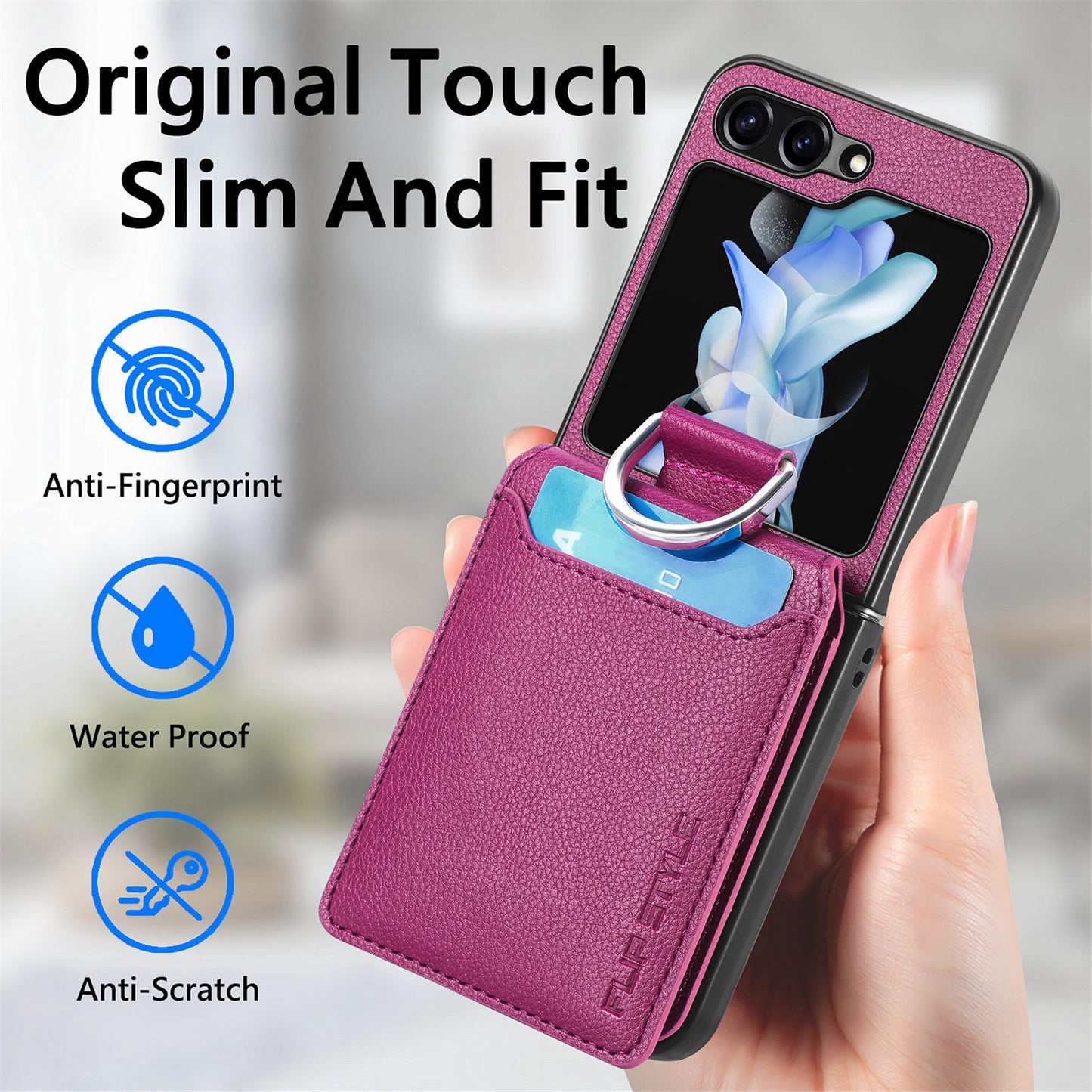 Uniqkart for Samsung Galaxy Z Flip5 5G Litchi Texture PU Leather+PC Phone Case Card Slot Kickstand Cover with Finger Ring - Purple