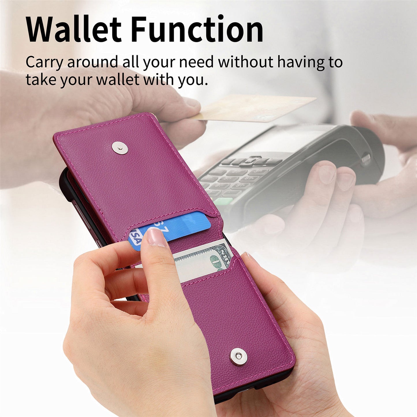 Uniqkart for Samsung Galaxy Z Flip5 5G Litchi Texture PU Leather+PC Phone Case Card Slot Kickstand Cover with Finger Ring - Purple
