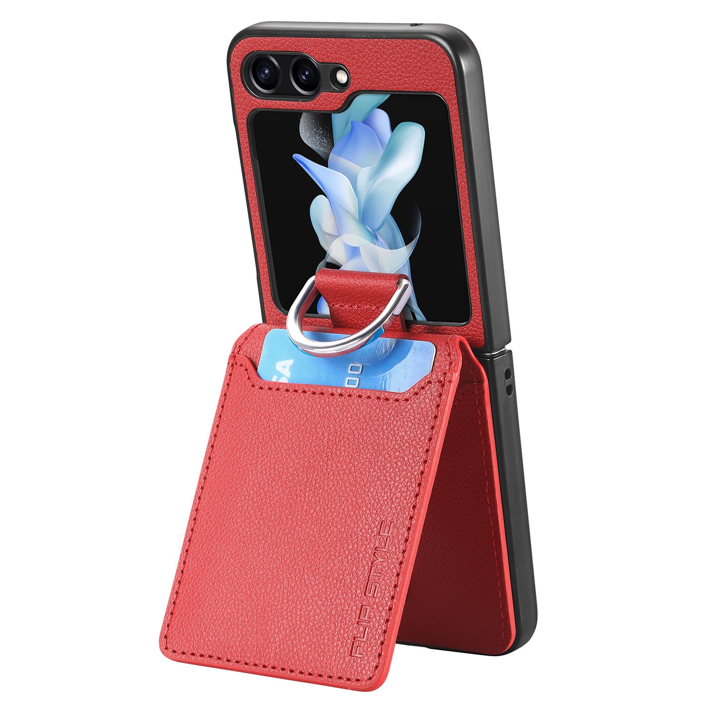 Uniqkart for Samsung Galaxy Z Flip5 5G Litchi Texture PU Leather+PC Phone Case Card Slot Kickstand Cover with Finger Ring - Red