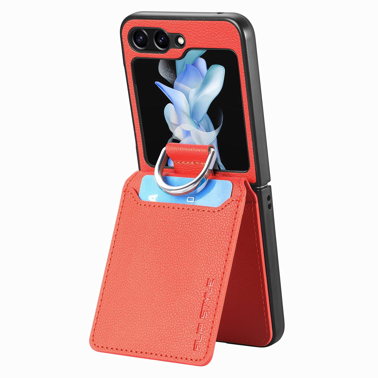 Uniqkart for Samsung Galaxy Z Flip5 5G Litchi Texture PU Leather+PC Phone Case Card Slot Kickstand Cover with Finger Ring - Orange
