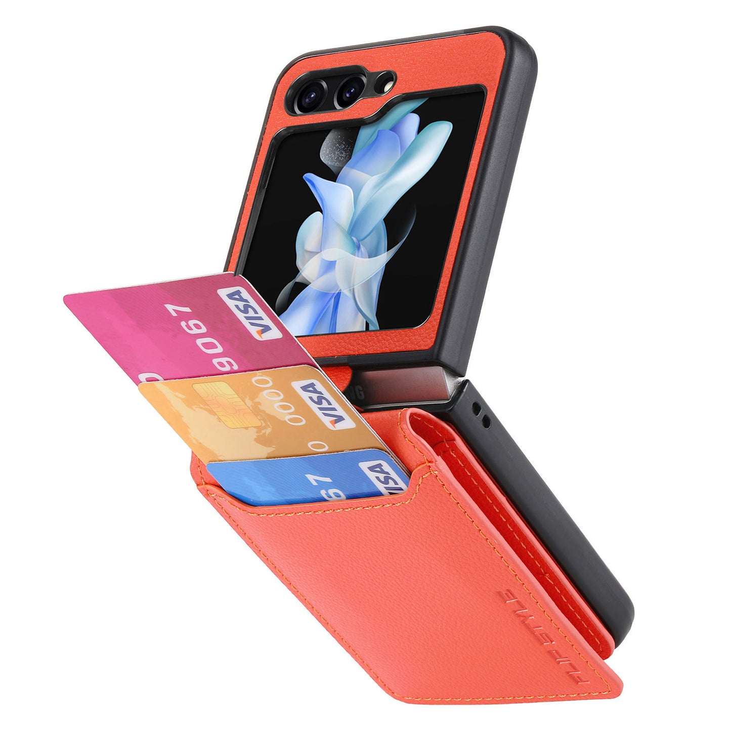 Uniqkart for Samsung Galaxy Z Flip5 5G Litchi Texture PU Leather+PC Phone Case Card Slot Kickstand Cover with Finger Ring - Orange