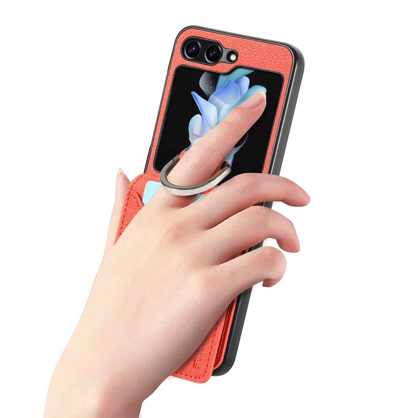 Uniqkart for Samsung Galaxy Z Flip5 5G Litchi Texture PU Leather+PC Phone Case Card Slot Kickstand Cover with Finger Ring - Orange