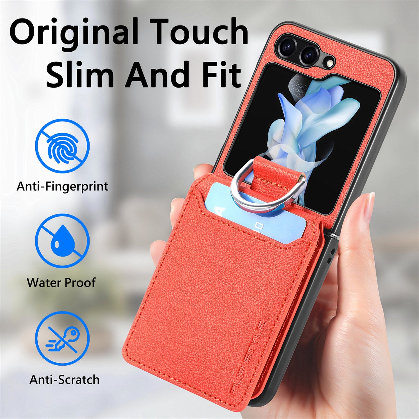 Uniqkart for Samsung Galaxy Z Flip5 5G Litchi Texture PU Leather+PC Phone Case Card Slot Kickstand Cover with Finger Ring - Orange