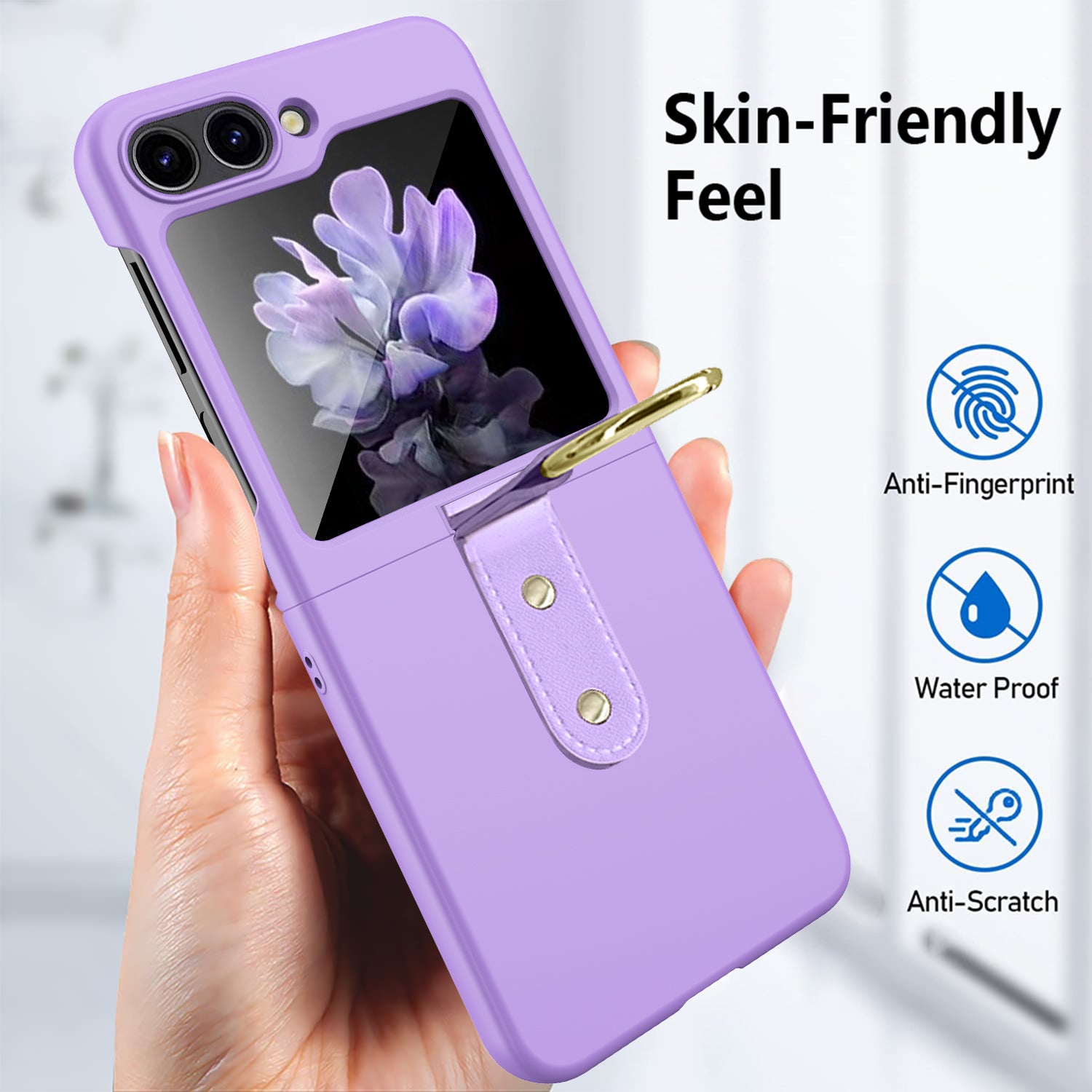 Uniqkart for Samsung Galaxy Z Flip5 5G Slim PC Phone Case Rubberized Shockproof Cover with Finger Ring - Rose Gold