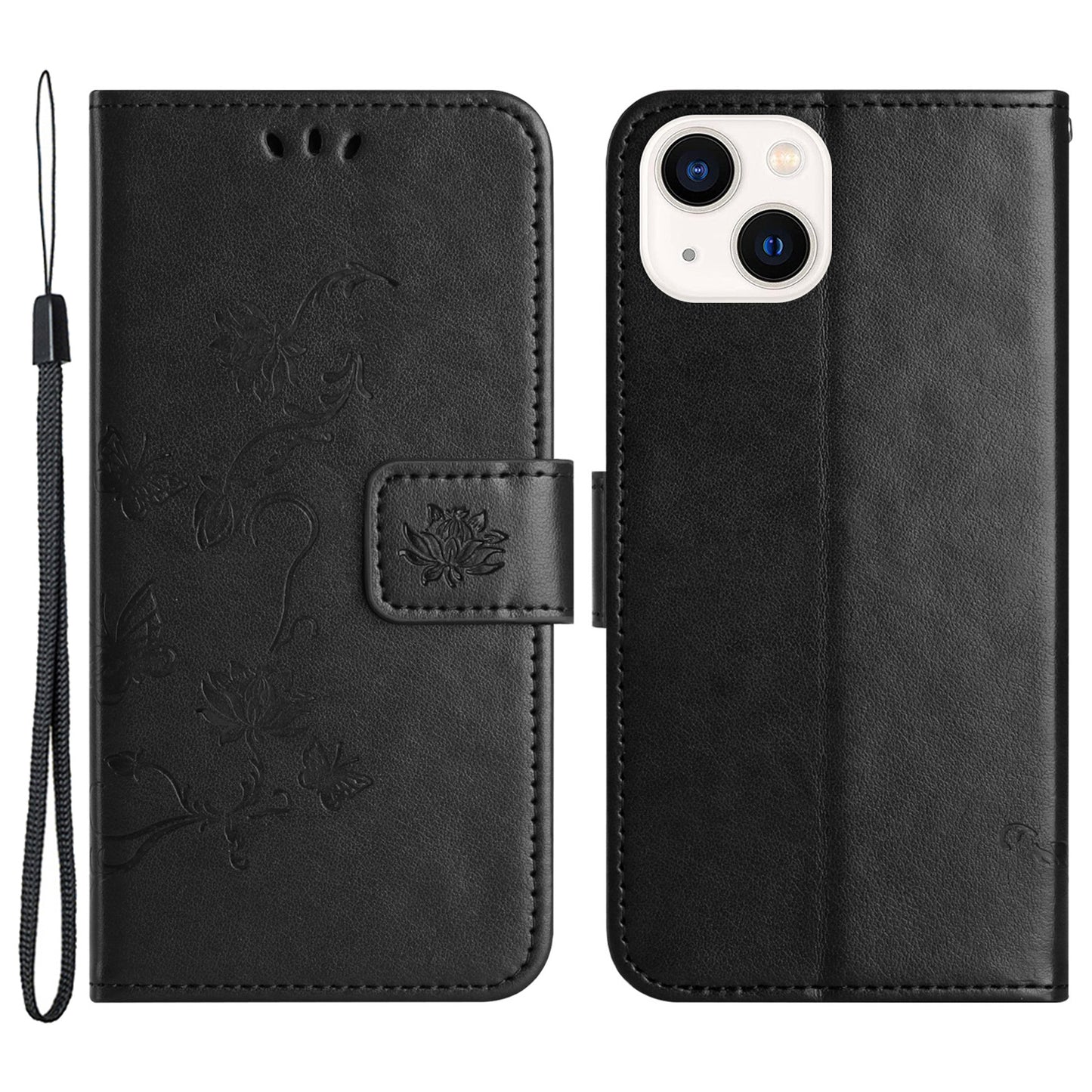 PU Leather Wallet Phone Case for iPhone 15 , Butterfly Flower Imprinted Stand Smartphone Cover - Black