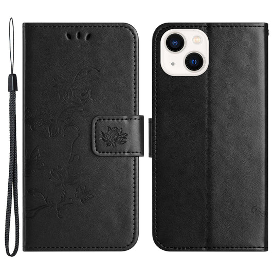 PU Leather Wallet Phone Case for iPhone 15 , Butterfly Flower Imprinted Stand Smartphone Cover - Black
