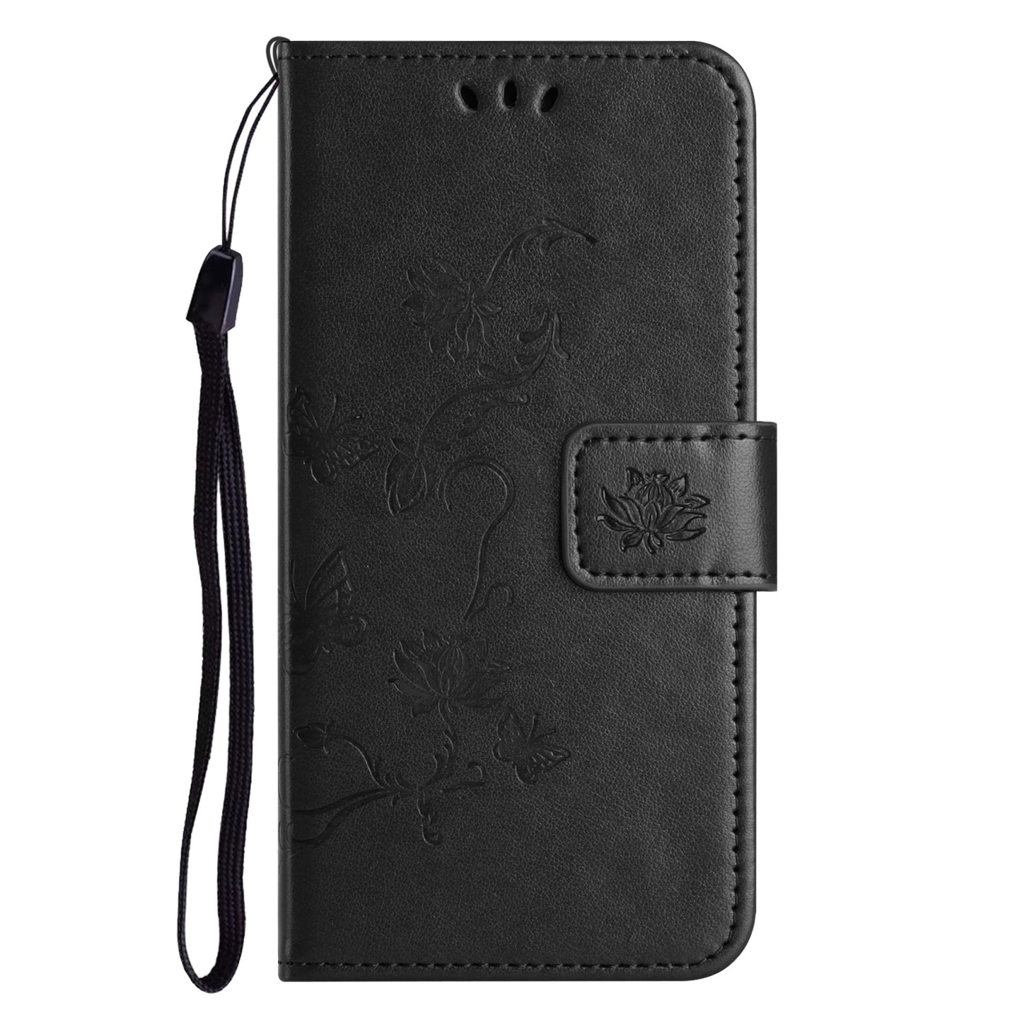 PU Leather Wallet Phone Case for iPhone 15 , Butterfly Flower Imprinted Stand Smartphone Cover - Black