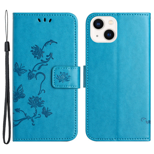 PU Leather Wallet Phone Case for iPhone 15 , Butterfly Flower Imprinted Stand Smartphone Cover - Blue