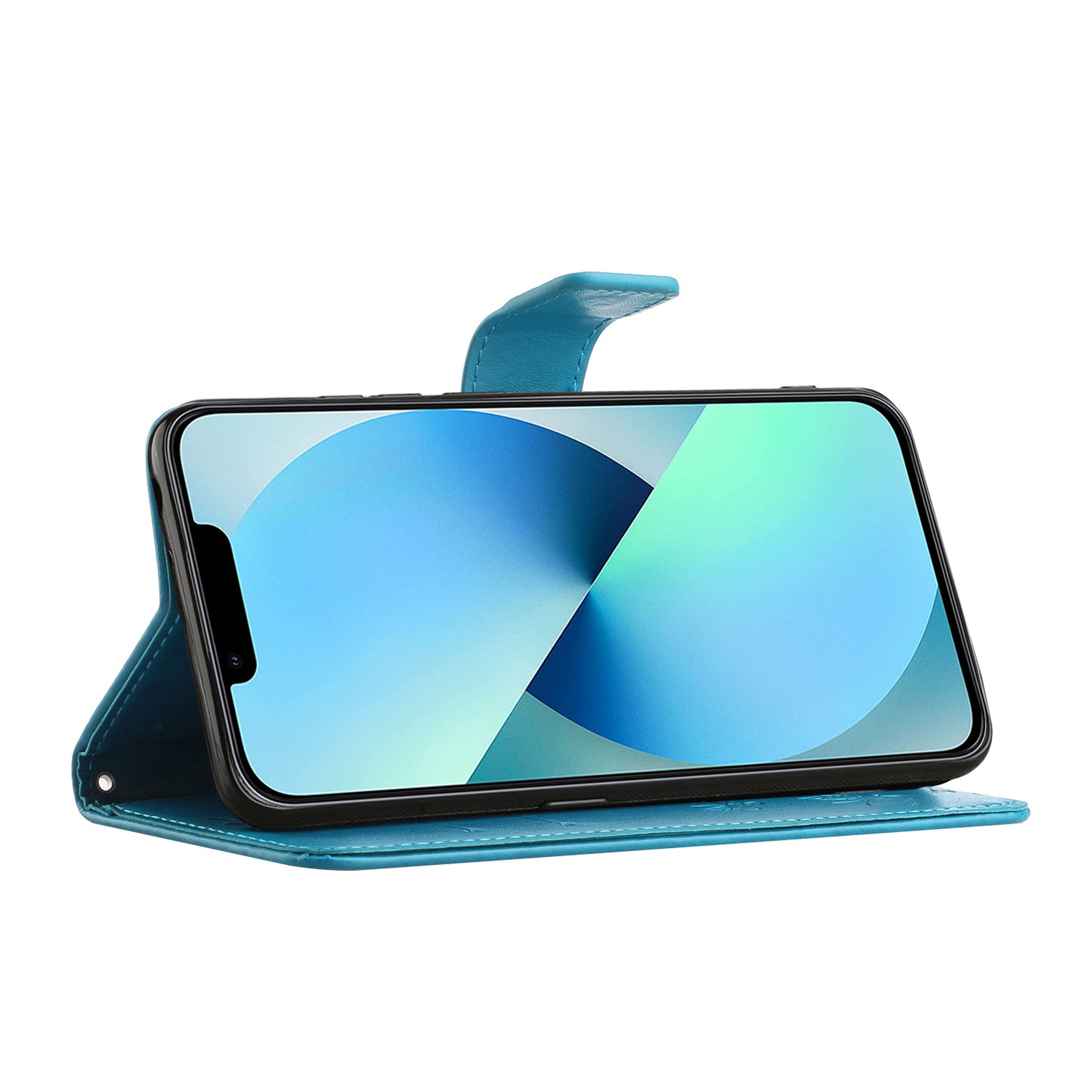 PU Leather Wallet Phone Case for iPhone 15 , Butterfly Flower Imprinted Stand Smartphone Cover - Blue