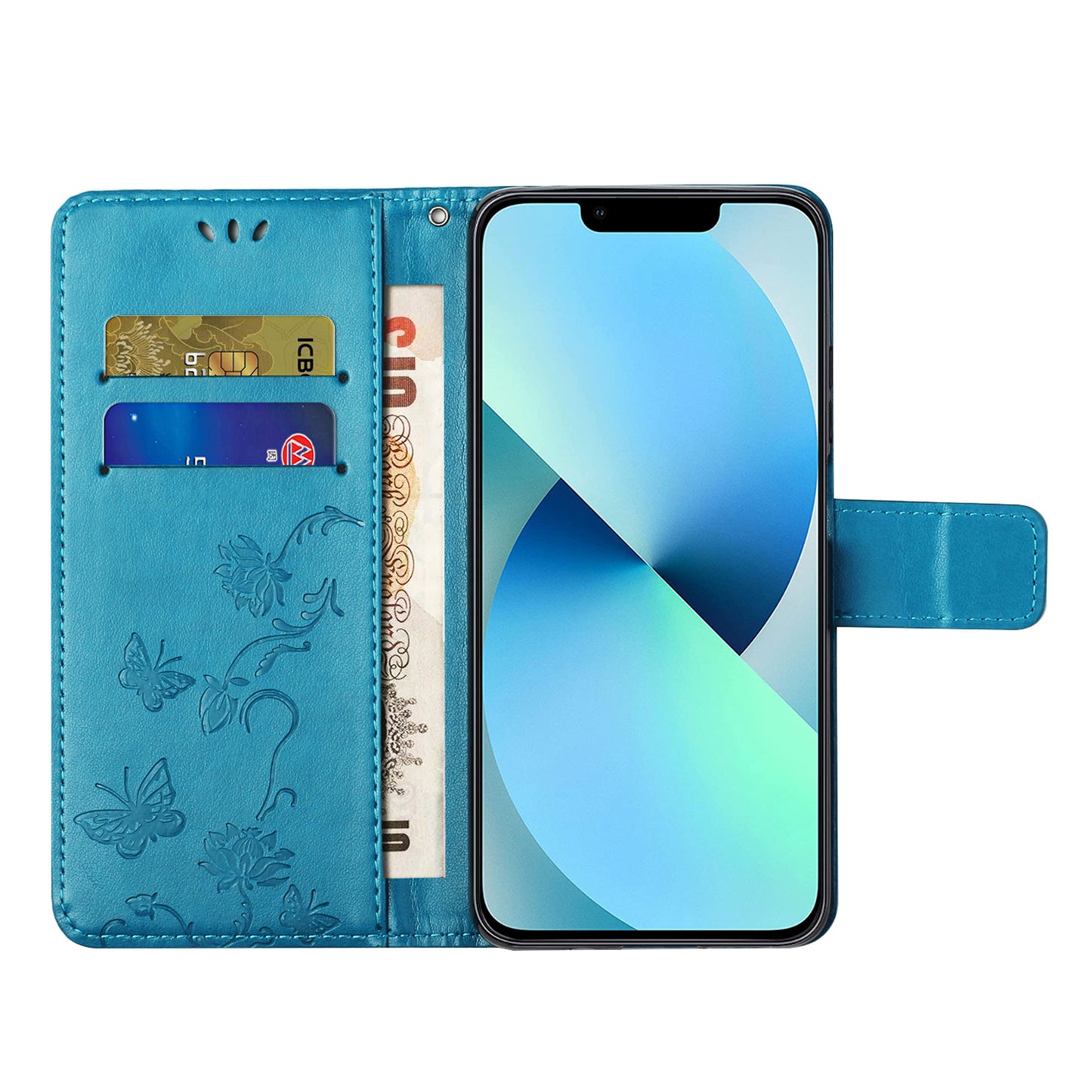 PU Leather Wallet Phone Case for iPhone 15 , Butterfly Flower Imprinted Stand Smartphone Cover - Blue