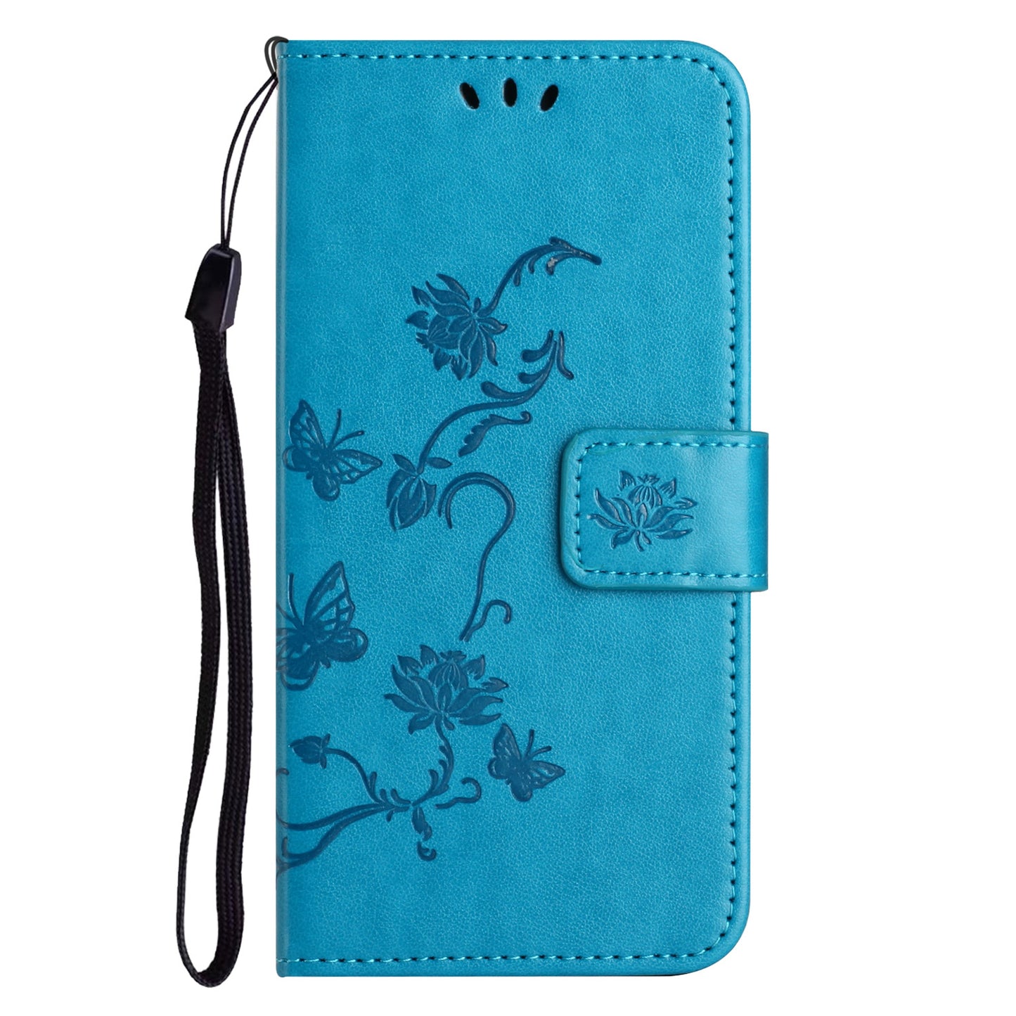 PU Leather Wallet Phone Case for iPhone 15 , Butterfly Flower Imprinted Stand Smartphone Cover - Blue