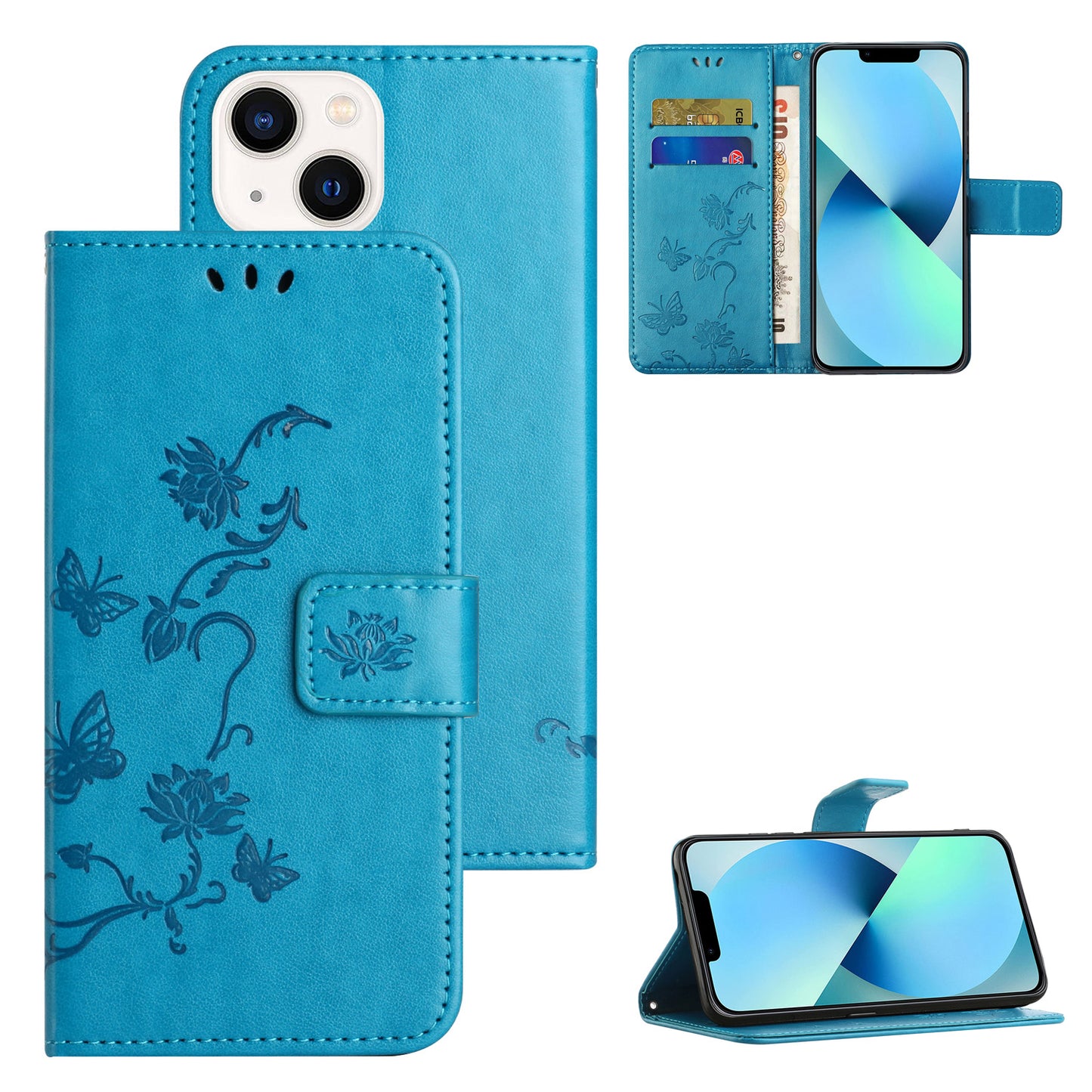 PU Leather Wallet Phone Case for iPhone 15 , Butterfly Flower Imprinted Stand Smartphone Cover - Blue