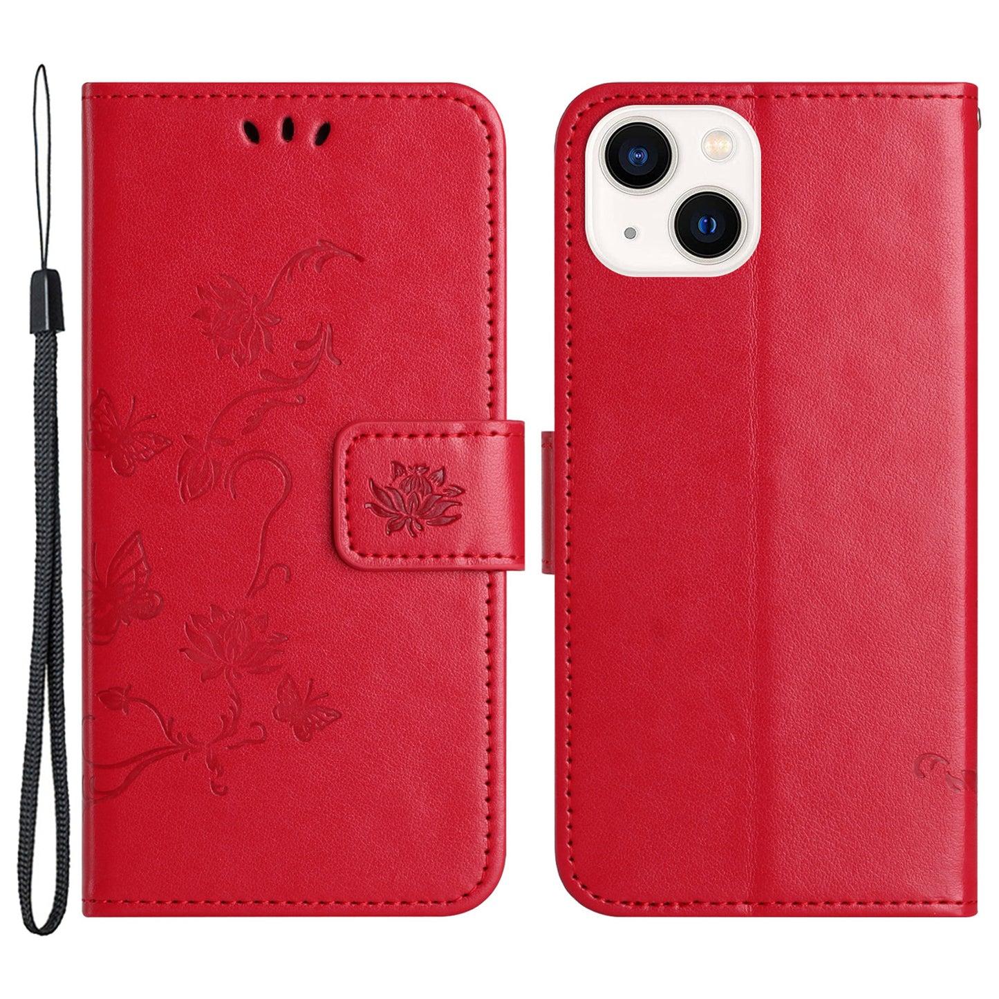 PU Leather Wallet Phone Case for iPhone 15 , Butterfly Flower Imprinted Stand Smartphone Cover - Red