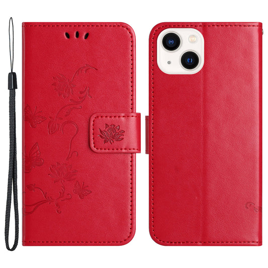 PU Leather Wallet Phone Case for iPhone 15 , Butterfly Flower Imprinted Stand Smartphone Cover - Red