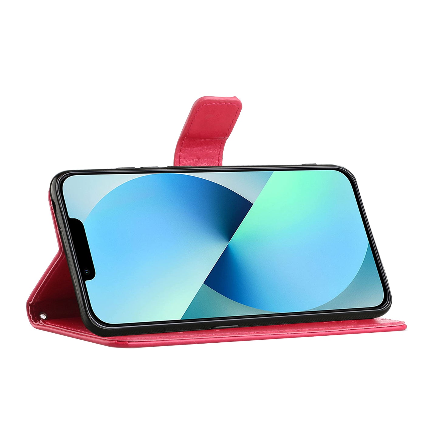 PU Leather Wallet Phone Case for iPhone 15 , Butterfly Flower Imprinted Stand Smartphone Cover - Red