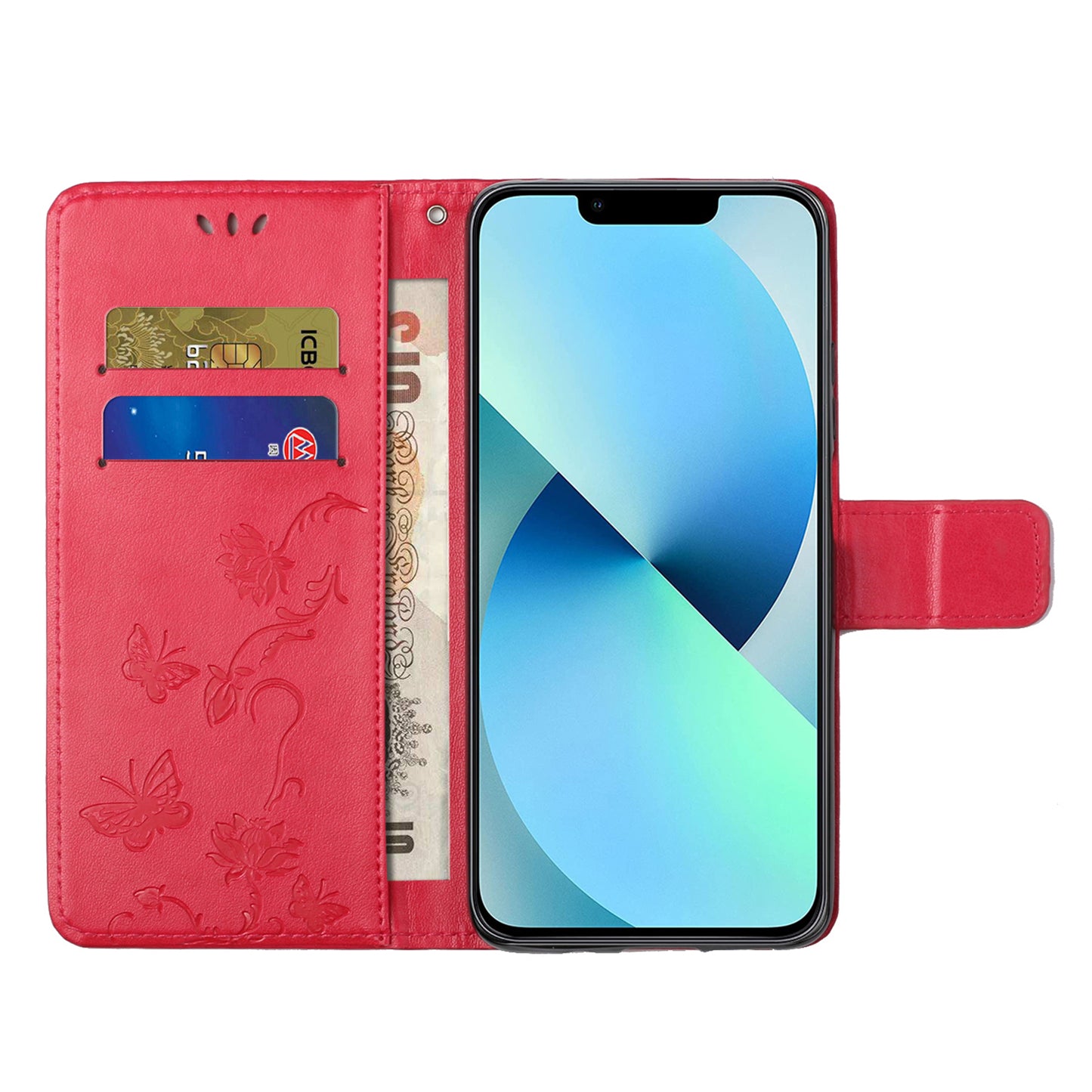 PU Leather Wallet Phone Case for iPhone 15 , Butterfly Flower Imprinted Stand Smartphone Cover - Red