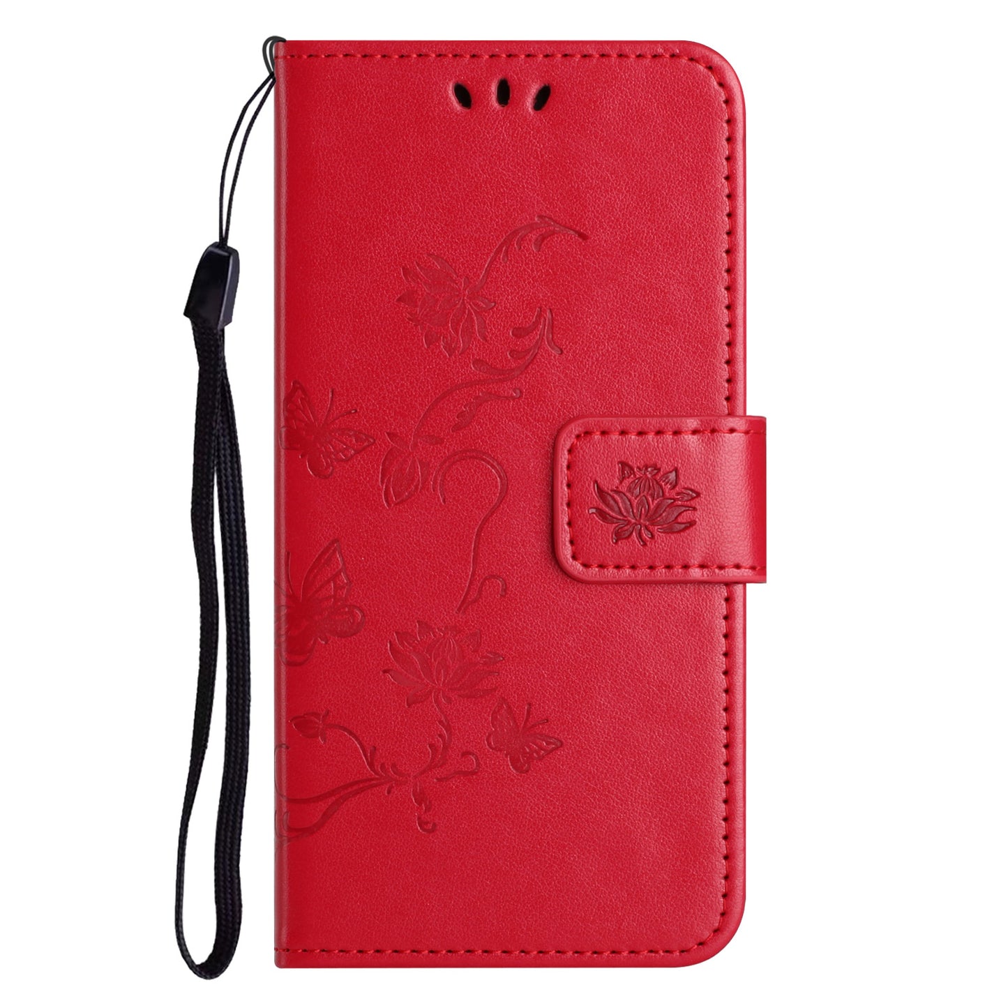 PU Leather Wallet Phone Case for iPhone 15 , Butterfly Flower Imprinted Stand Smartphone Cover - Red