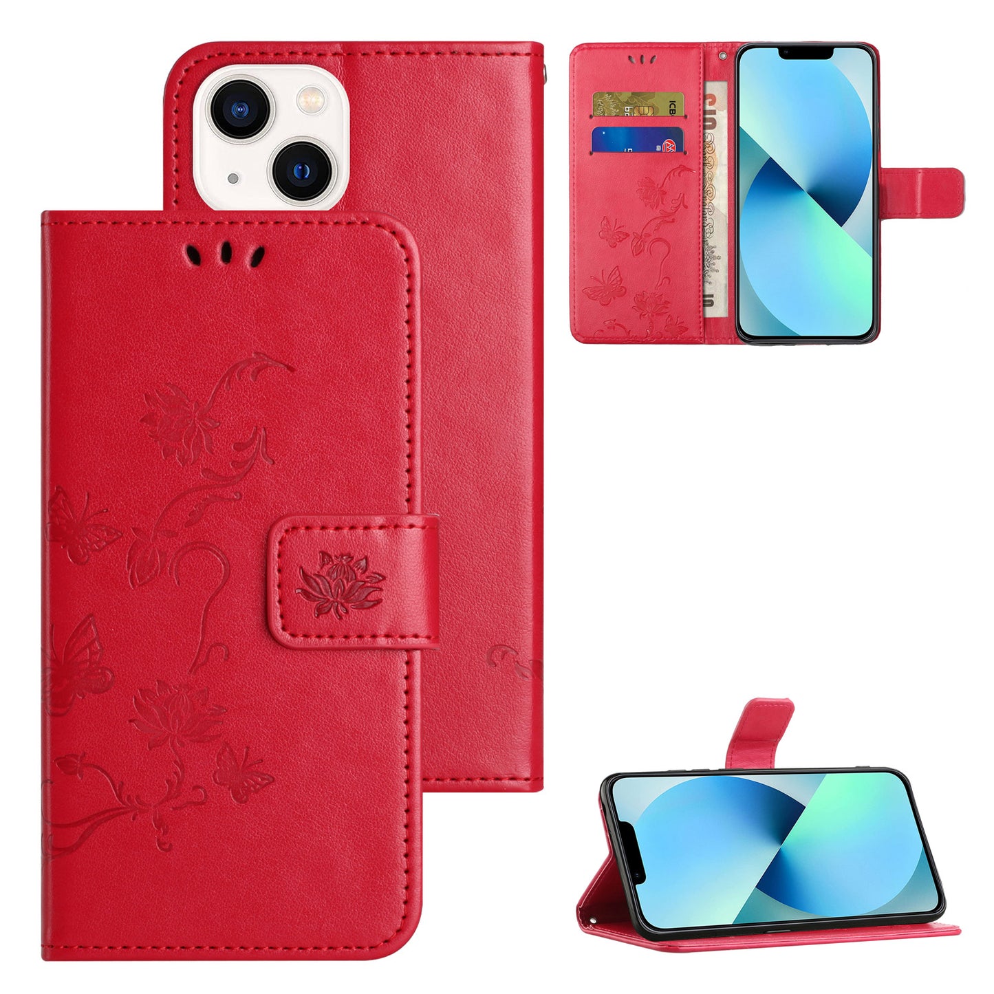PU Leather Wallet Phone Case for iPhone 15 , Butterfly Flower Imprinted Stand Smartphone Cover - Red