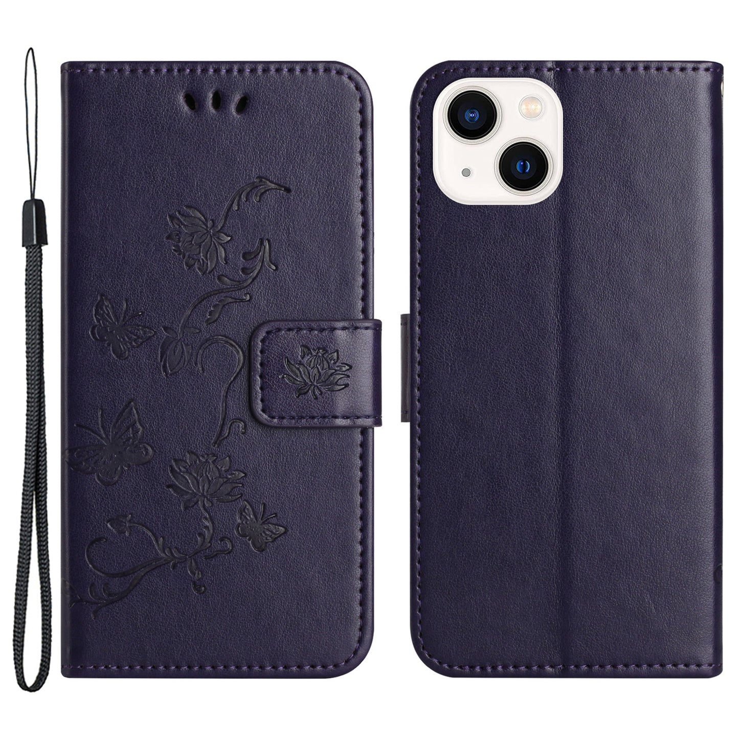 PU Leather Wallet Phone Case for iPhone 15 , Butterfly Flower Imprinted Stand Smartphone Cover - Dark Purple
