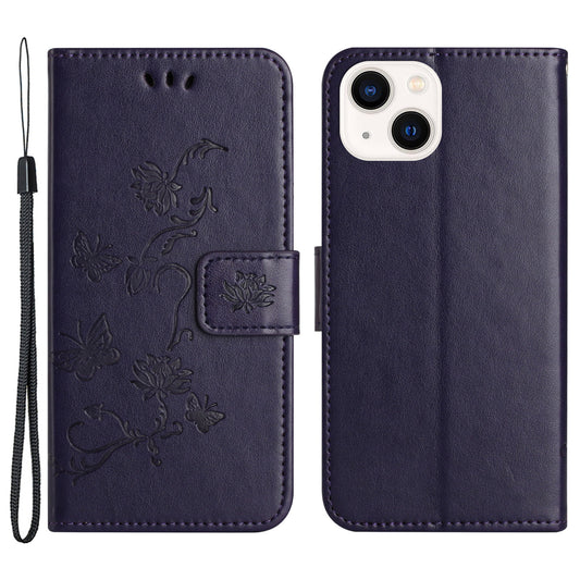 PU Leather Wallet Phone Case for iPhone 15 , Butterfly Flower Imprinted Stand Smartphone Cover - Dark Purple